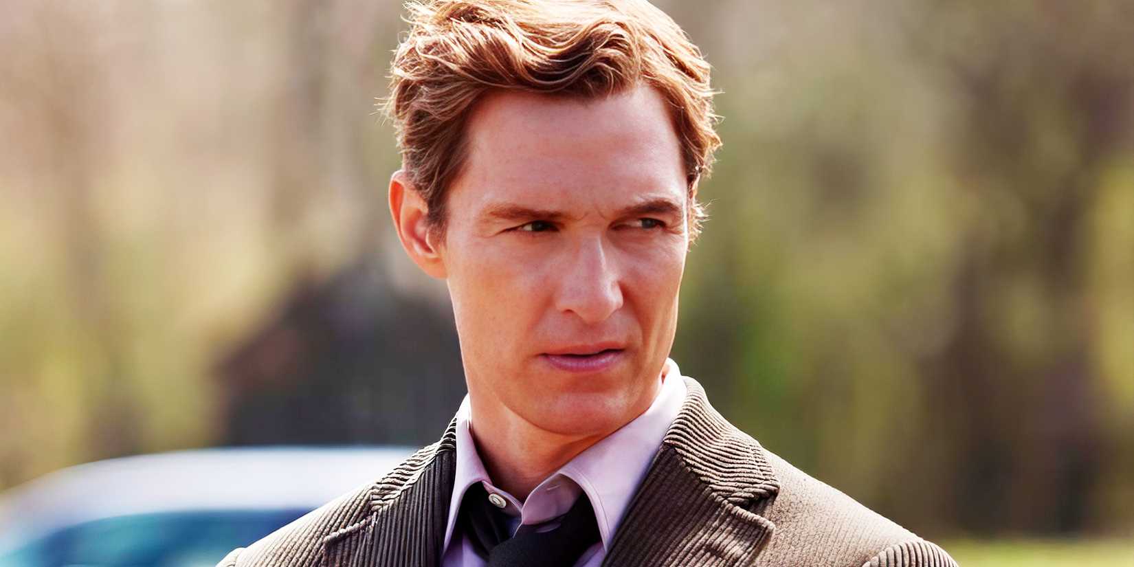 Close-up of Matthew McConaughey as Rustin Cohle looking curiously to the side in True Detective