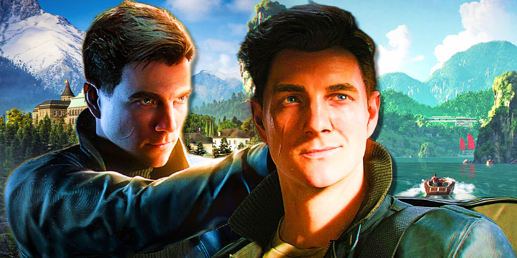 Two images of young James Bond as he appears in 007 First Light, surrounded by some mountainous scenery from the game.