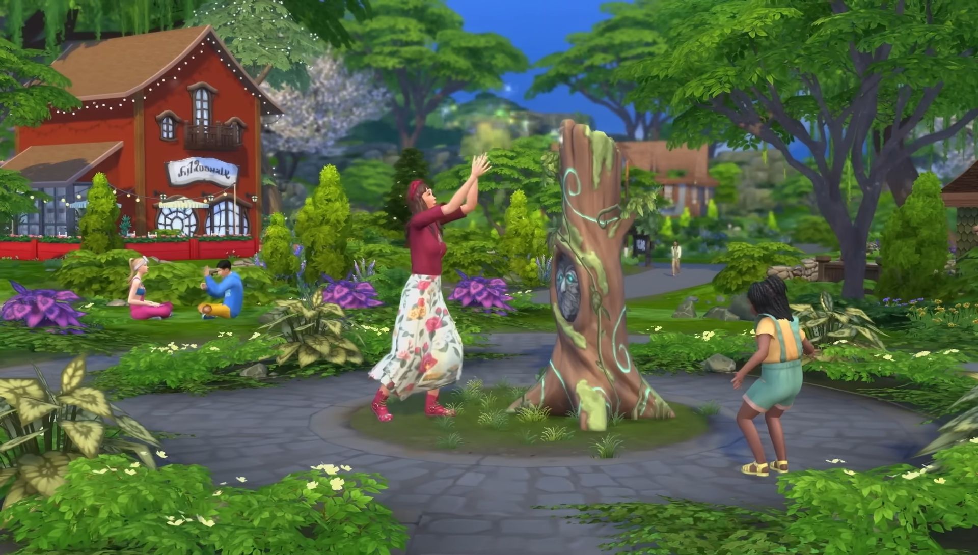 Two sims, one adult and one child, dancing around a tree with a face in The Sims 4_ Enchanted By Nature Expansion