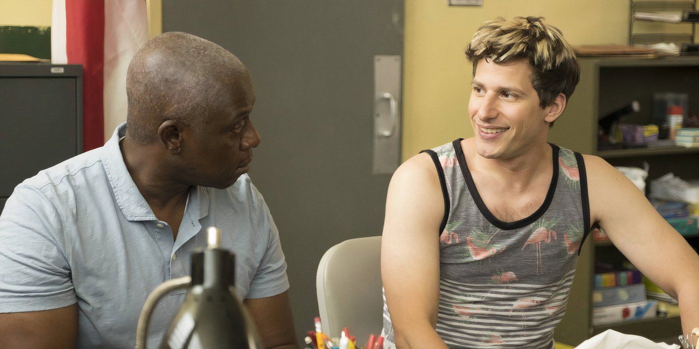 Jake and Holt at the Sherriff's office talking about how to escape in the Brooklyn Nine-Nine episode "Coral Palms, Part 2."