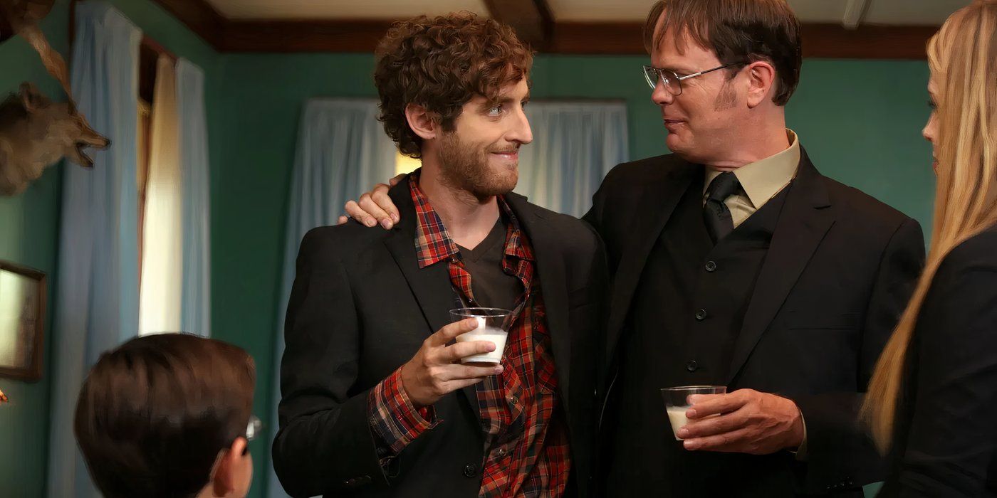 Dwight and Jeb sharing a glass of milk while Cammy and Fannie watch in The Office episode "The Farm."