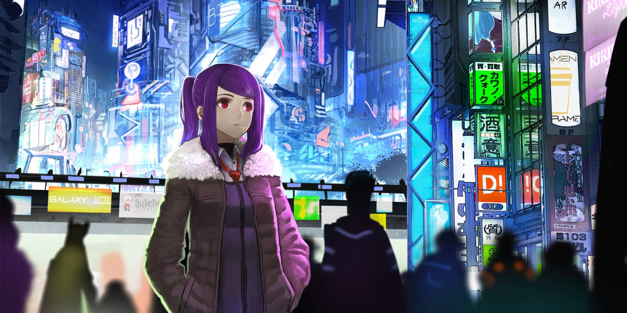 The VA 11 HALL A Cyberpunk Bartender Action Key Art featuring Jill walking through a city.