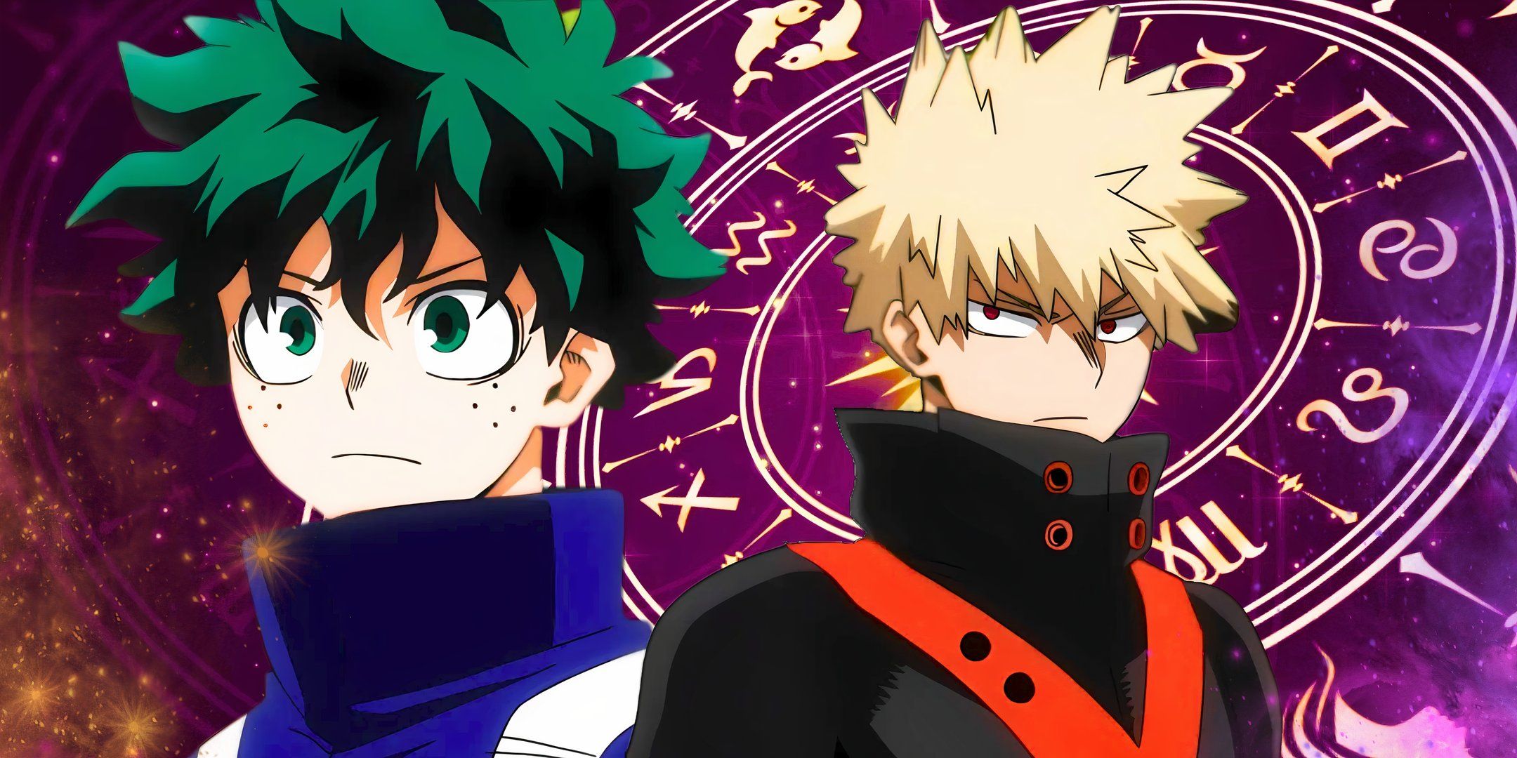 Deku and Bakugo from My Hero Academia in front of a Zodiac Wheel