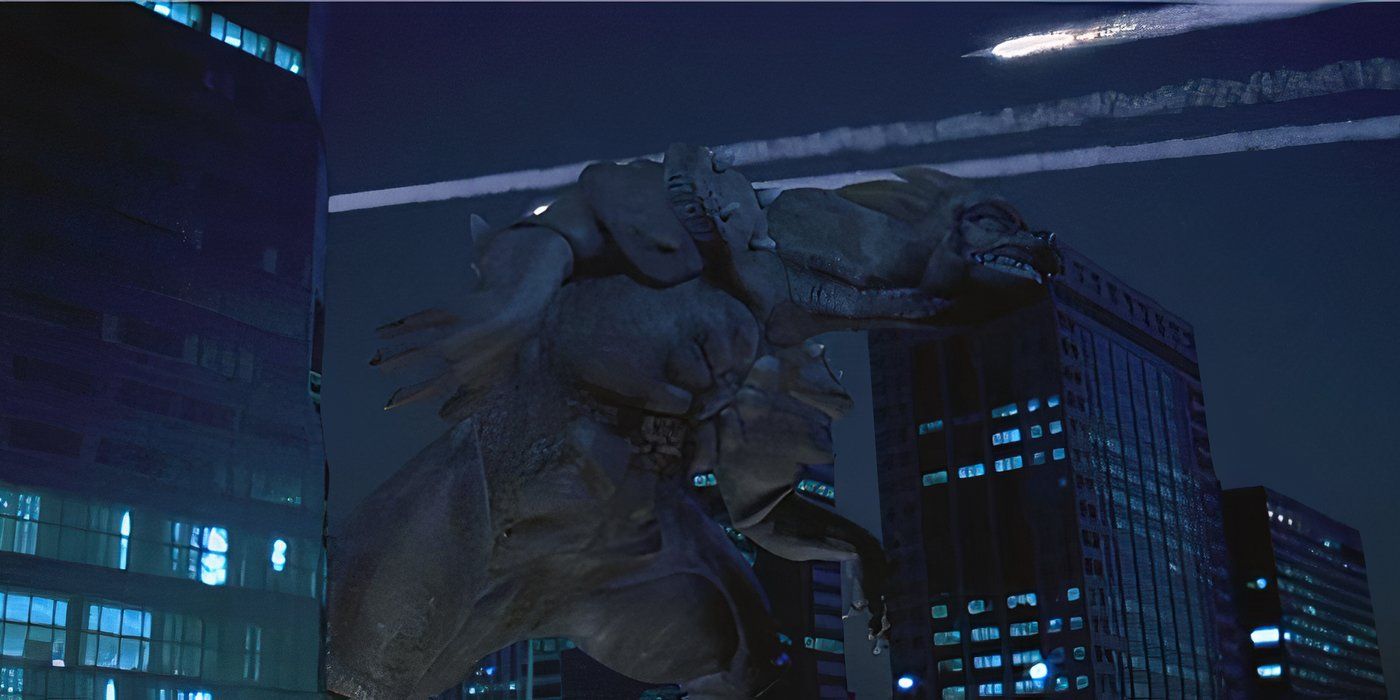 Yonggary dodges missiles between two buildings in 1999's Yonggary