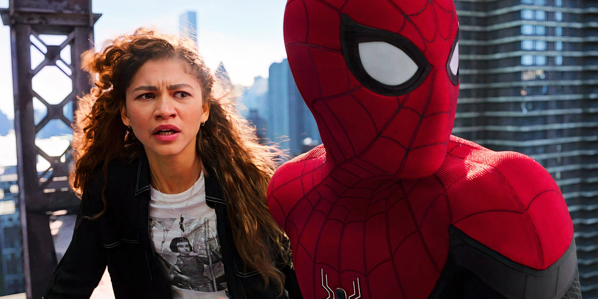 Zendaya's MJ looking worried and Tom Holland's Spider-Man in No Way Home