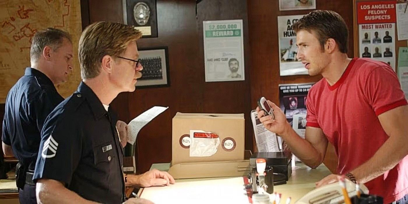 Chris Evans talking to William H. Macy in a police station in Cellular