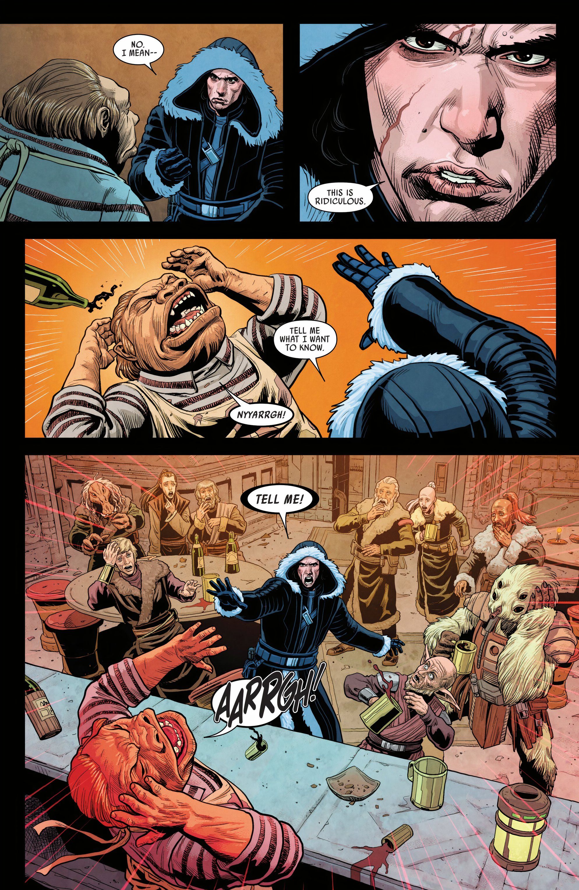 Kylo Ren atormenta a un camarero alienígena al usar la fuerza para arrojarle su botella de vino mientras exige respuestas