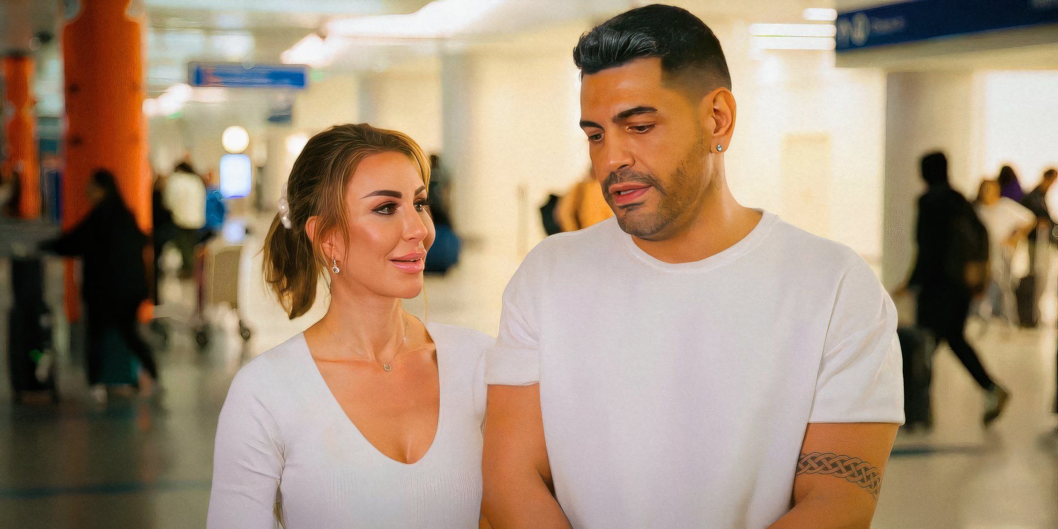 90 day fiance season 11 stars sarper guven and shekinah garner wearing white and talking out in public