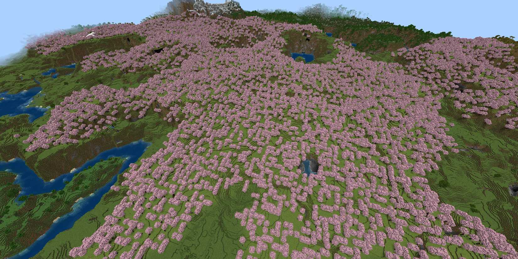 A massive cherry grove in a screenshot from Minecraft