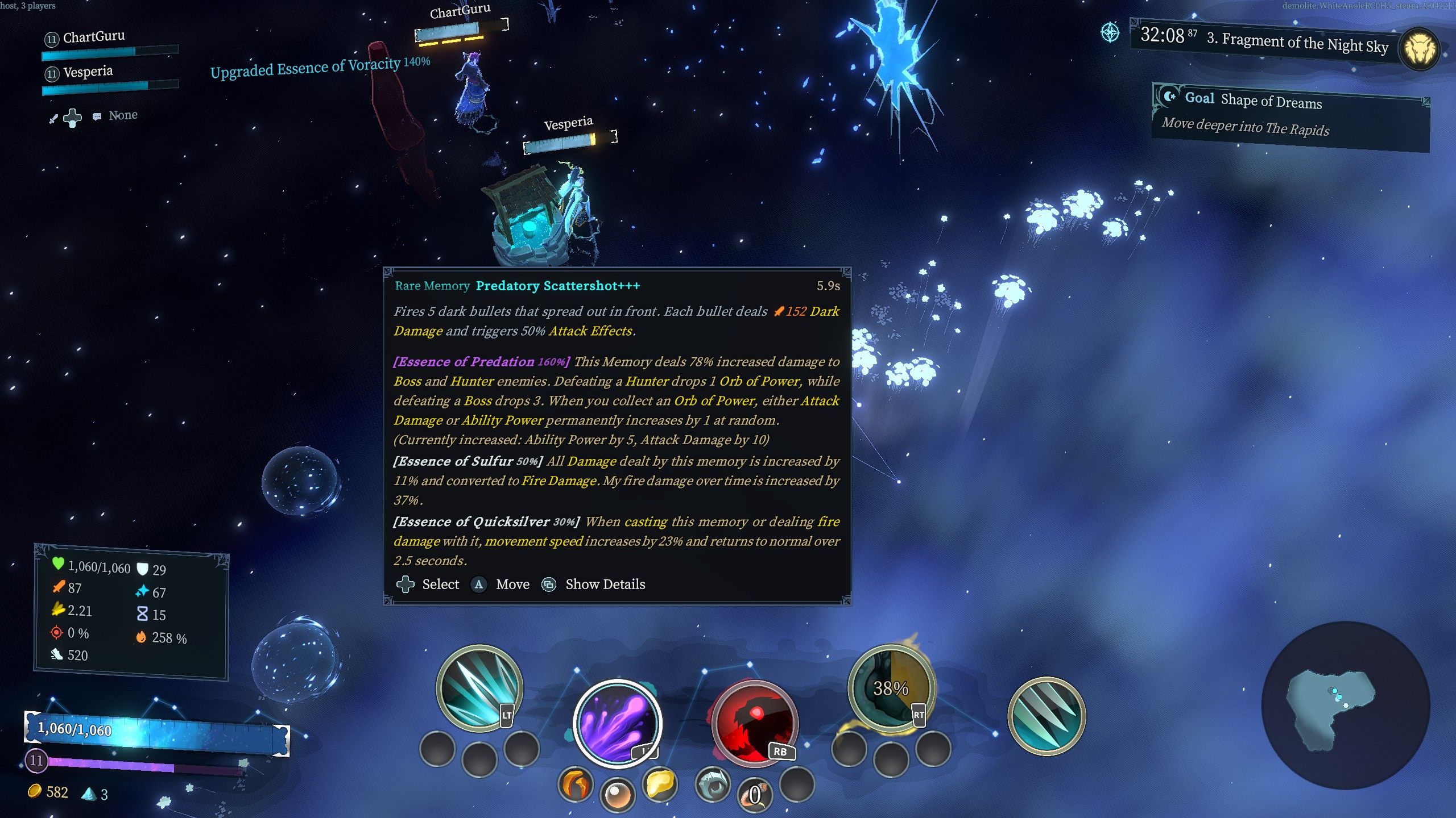 A player inspects the Predatory Scattershot memory in their inventory near an upgrade well in Shape of Dreams