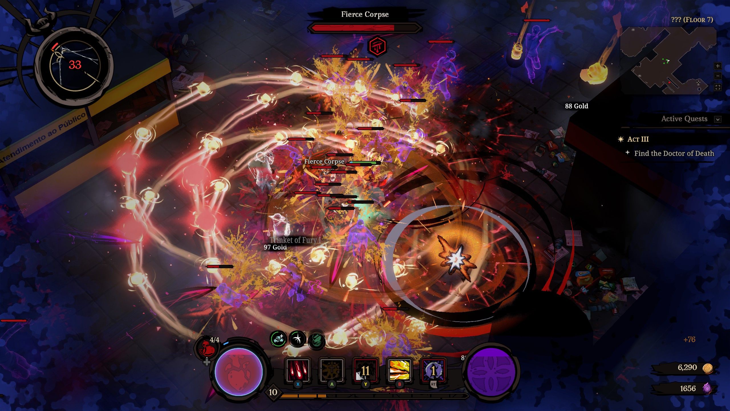A view busy screen of spell effects as Pajeu blasts enemies in act three of Hell Clock
