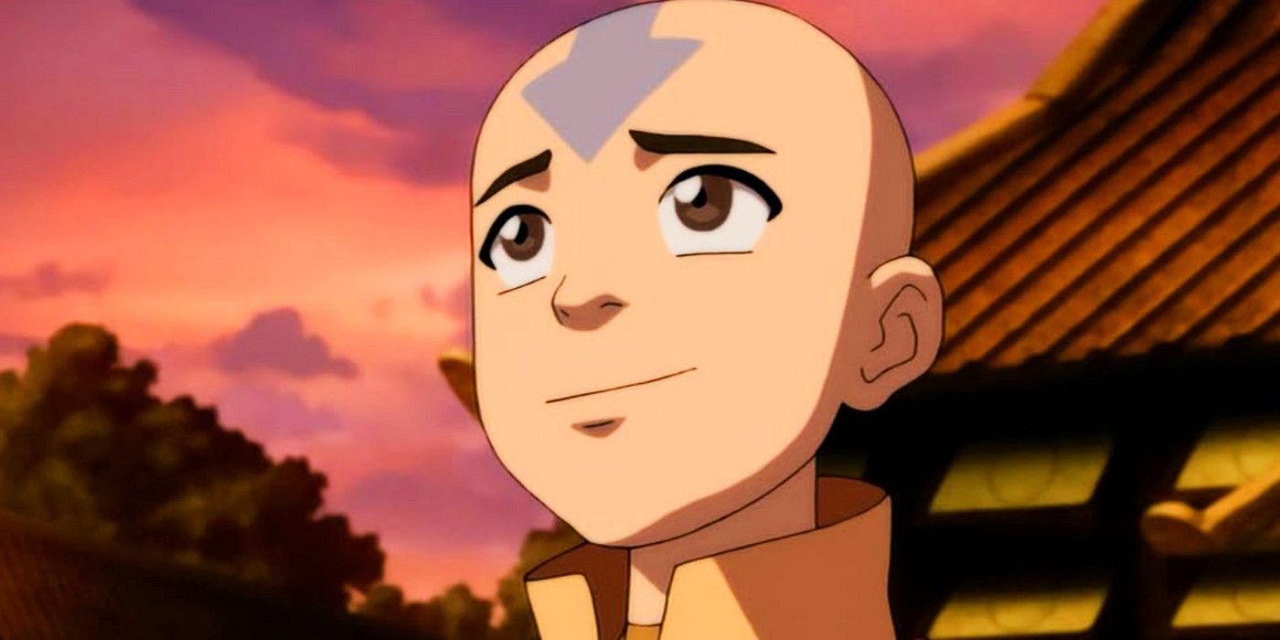 Aang smiling at something off camera in The Last Airbender animated series