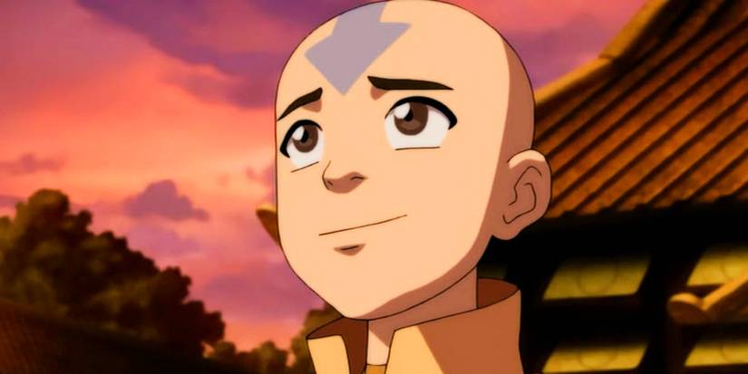 Aang smiling at something off camera in The Last Airbender animated series