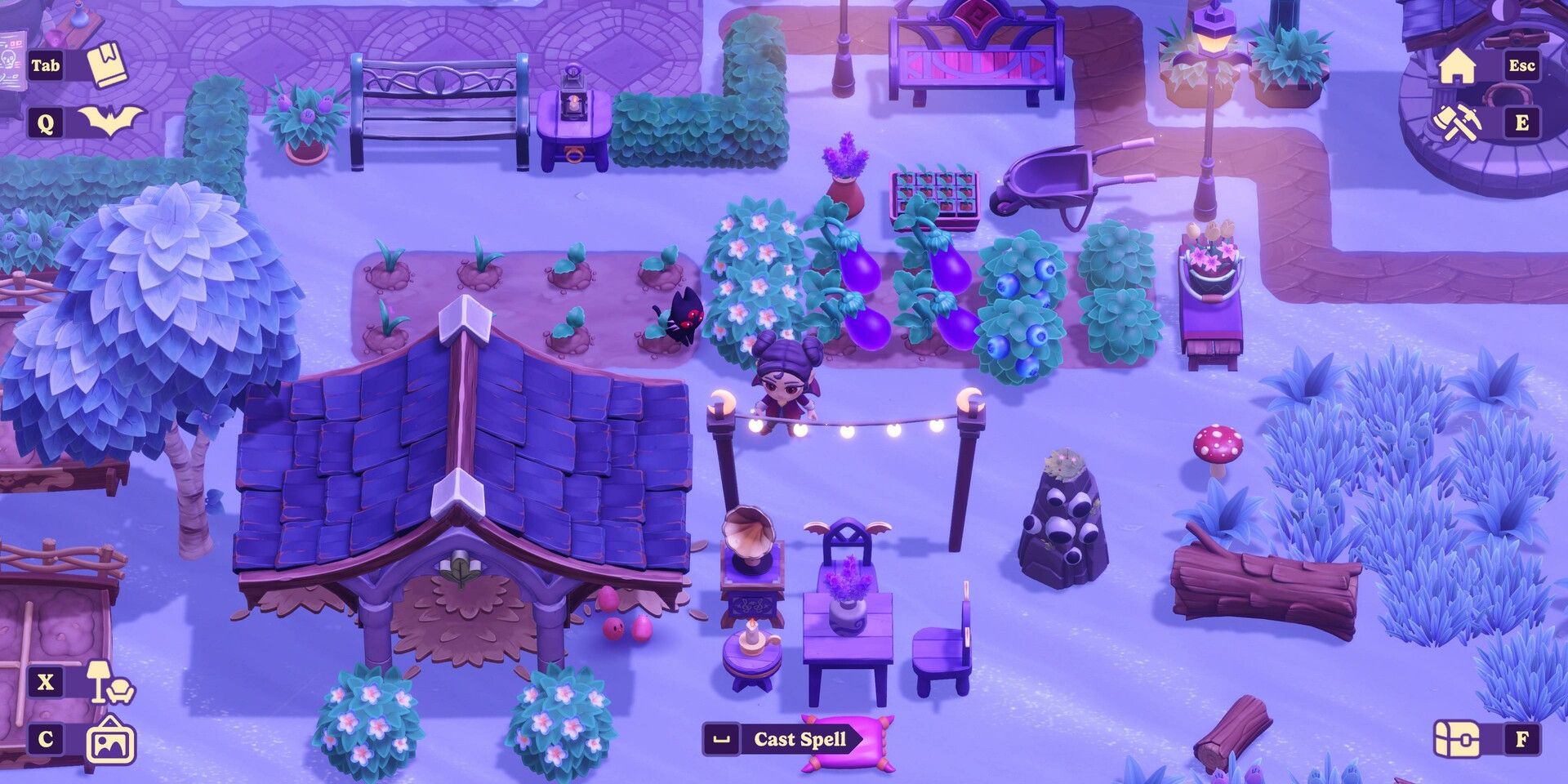 An idyllic town square with multiple plants in Moonlight Peaks.