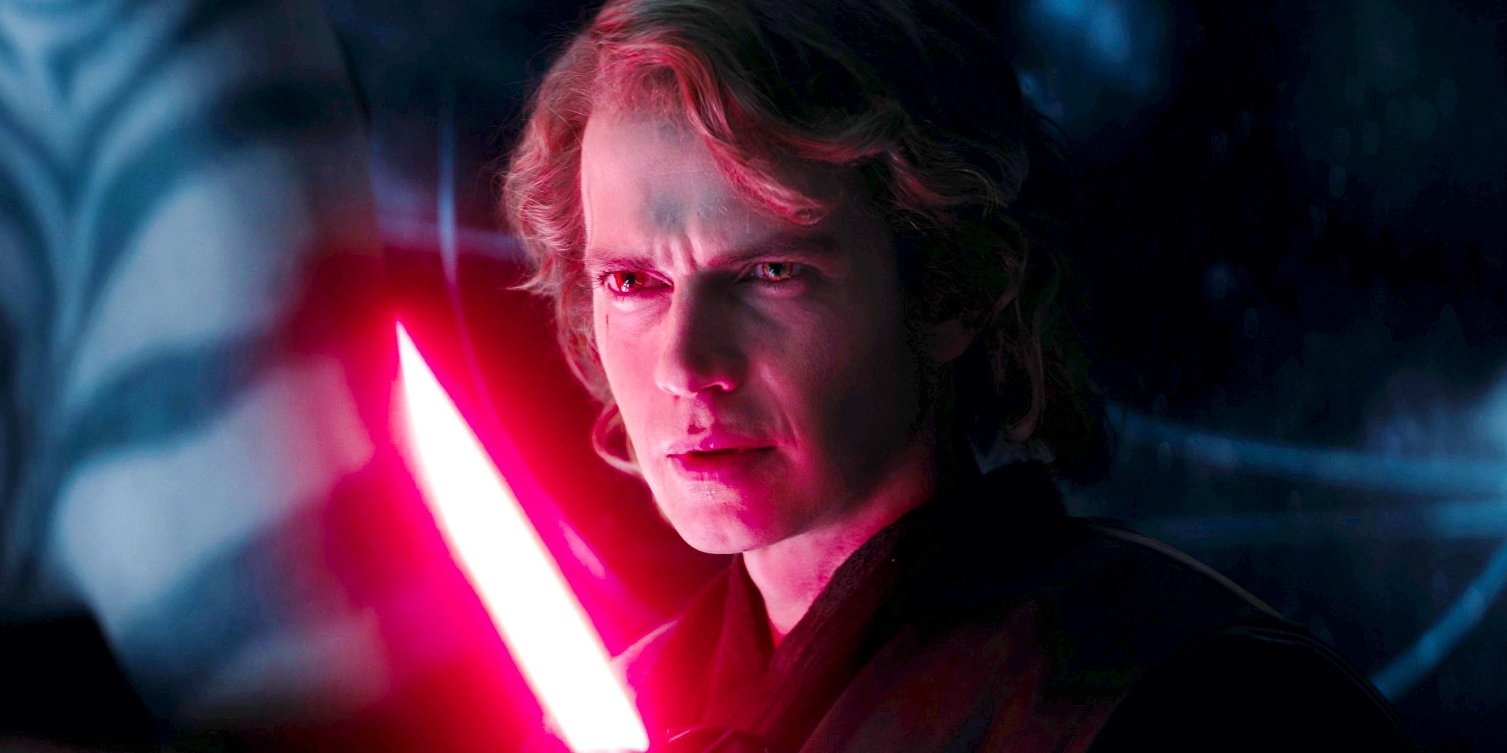Anakin Skywalker with a red lightsaber near his face in the Ahsoka show