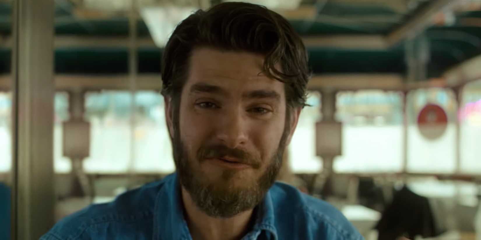 Andrew Garfield mid-sentence in After the Hunt