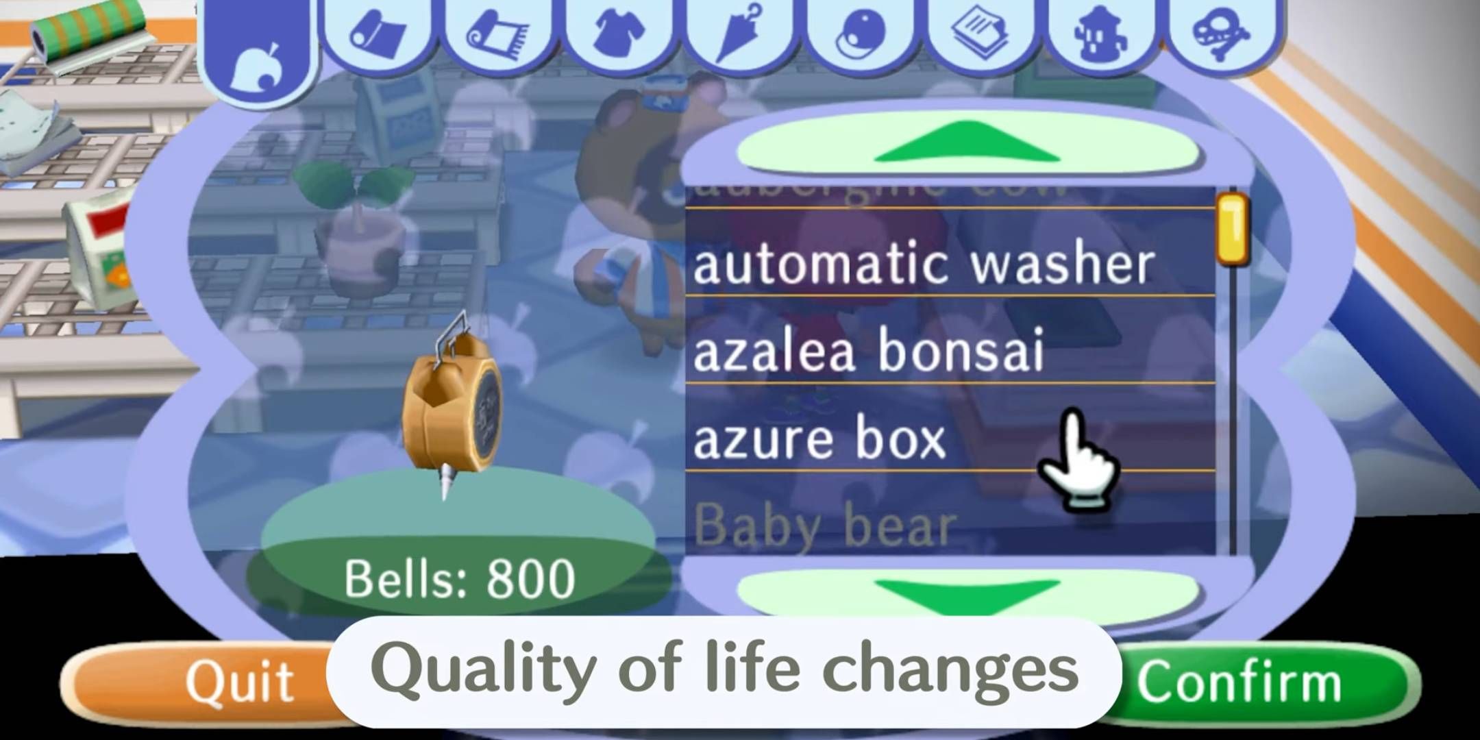 The player selecting from a series of furniture items in Animal Crossing City Folk Deluxe.