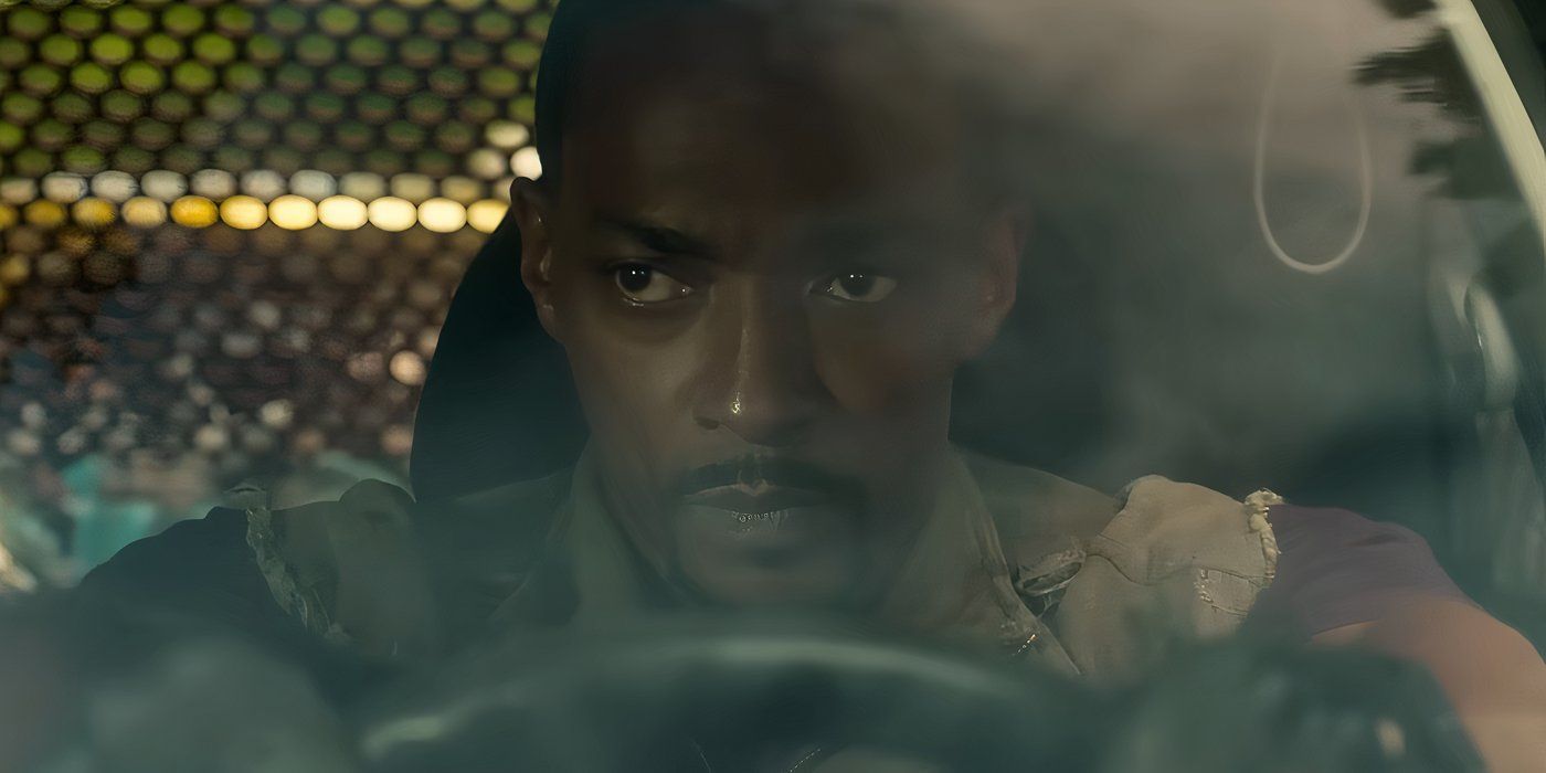 Anthony Mackie behind the wheel looking wary in Twisted Metal season 2