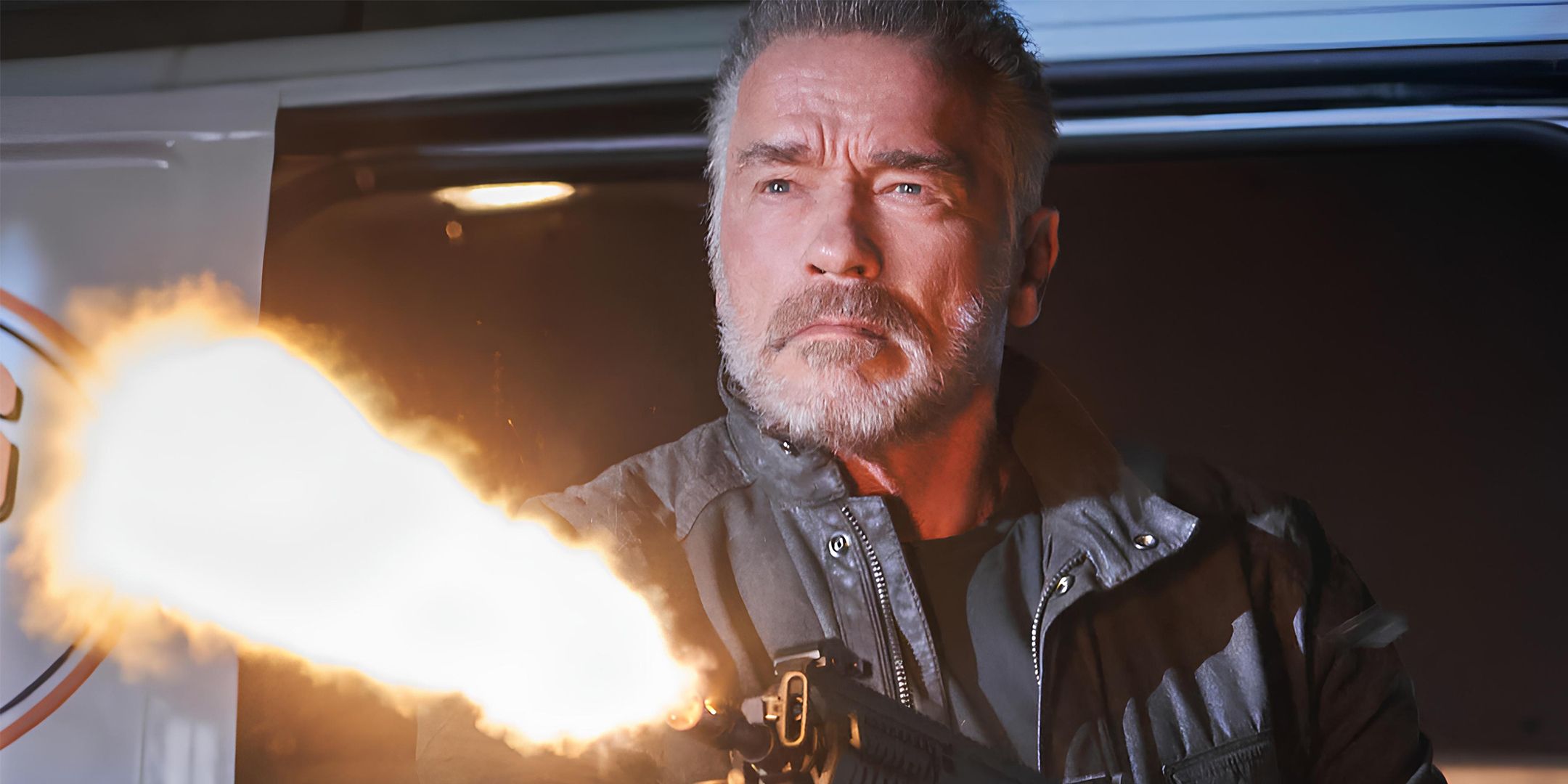 Arnold Schwarzenegger in Terminator Dark Fate Shooting a Gun