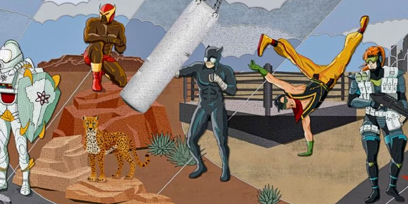 Atomic Knight, Freedom Beast, Wildcat, Vibe, and Vigilante III in Superman's Hall of Justice mural