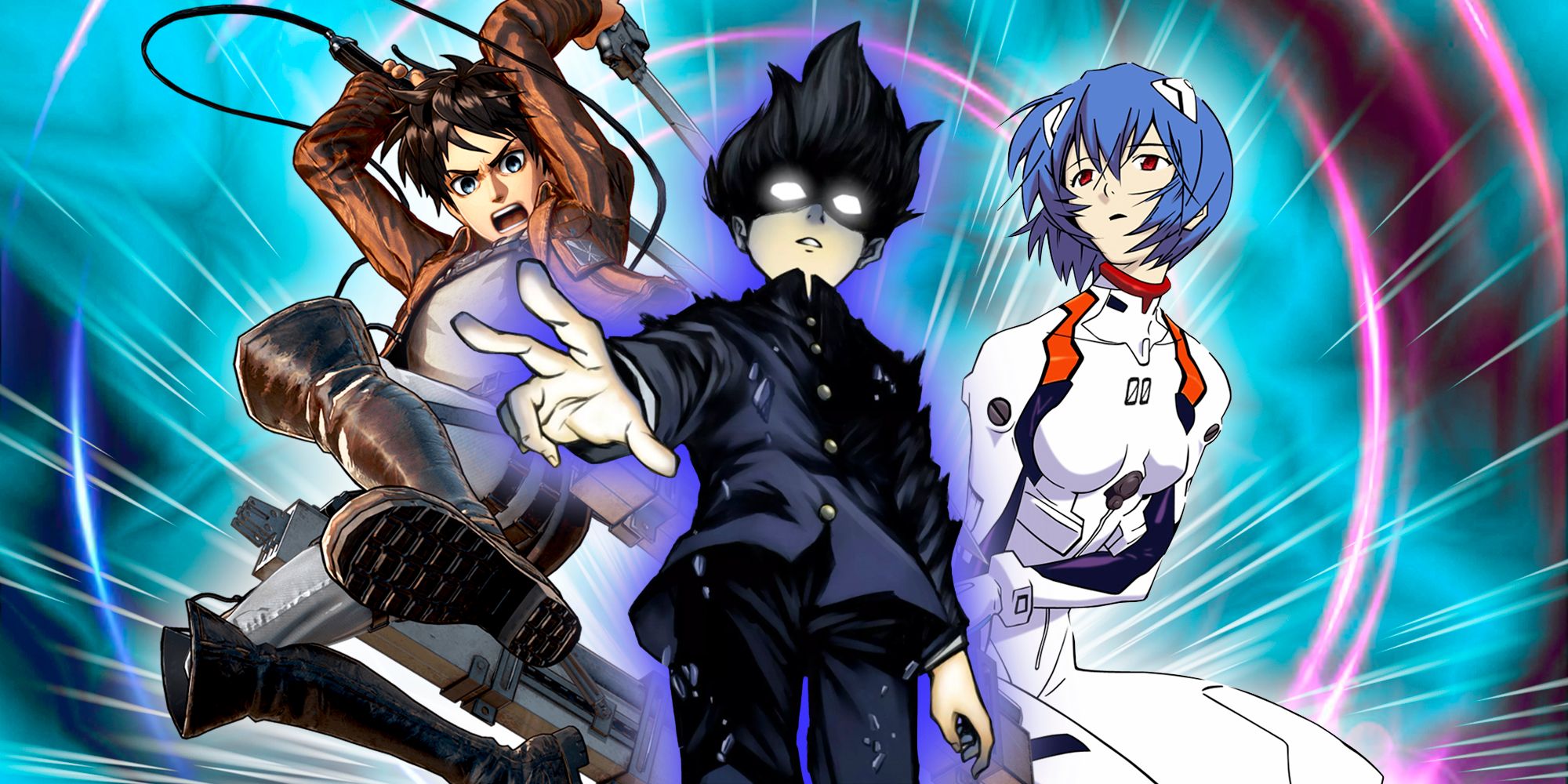 Attack on Titan, Neon Genesis Evangelion, and Mob Psycho 100