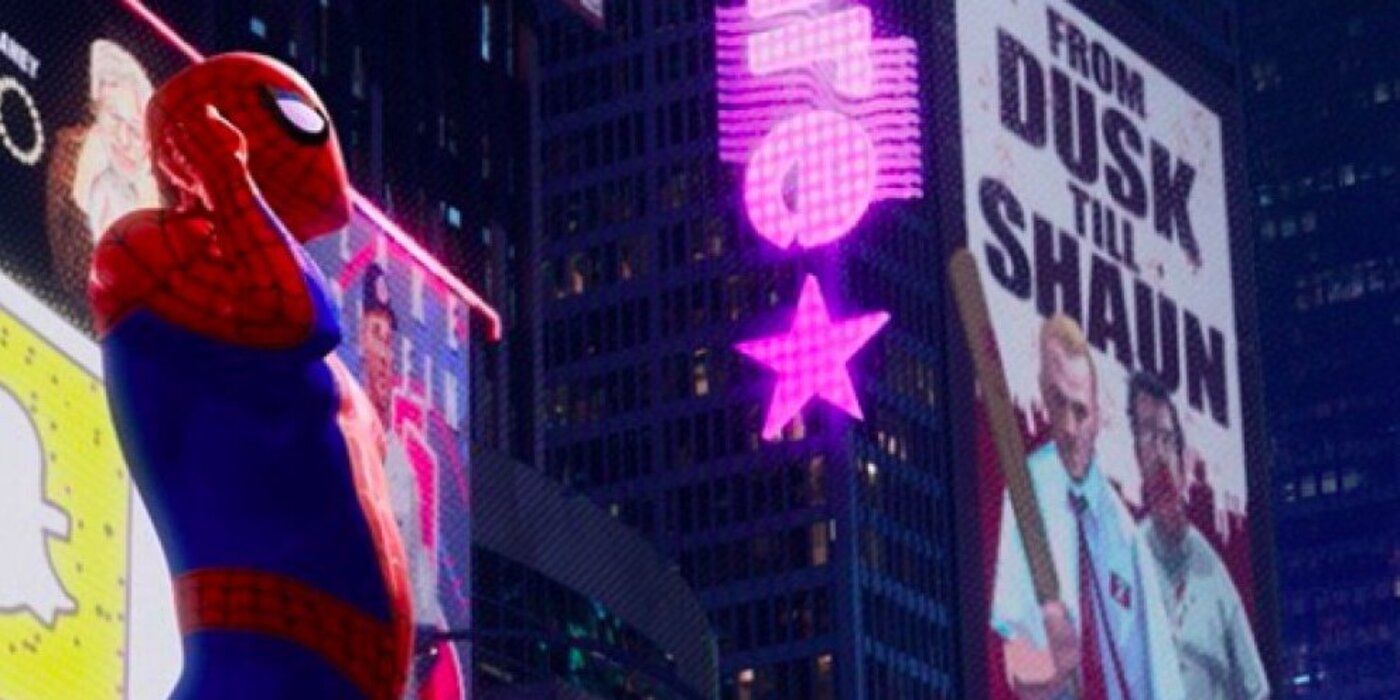 Peter Parker with a Shaun of the ᴅᴇᴀᴅ billboard in Into the Spider-Verse