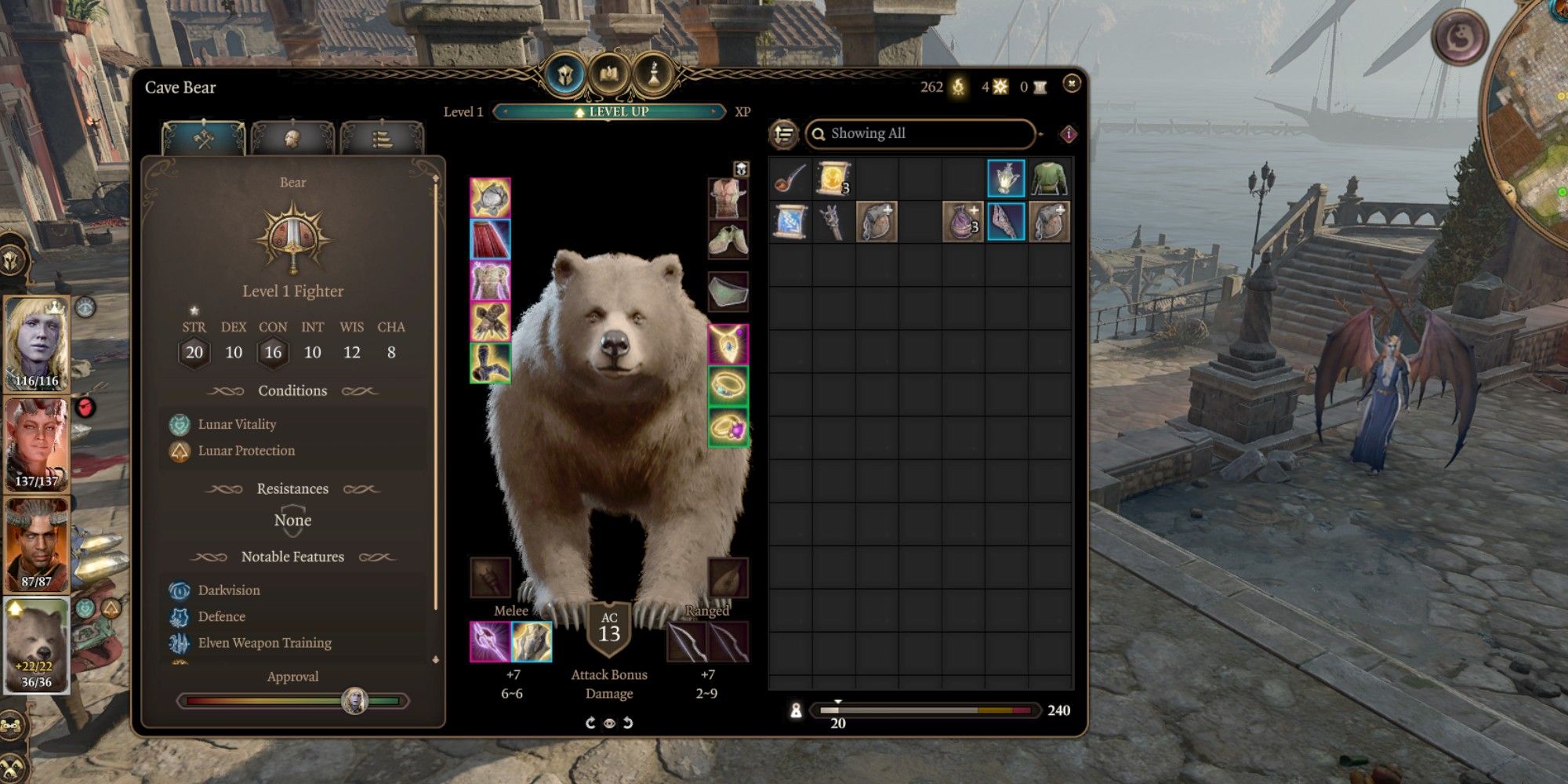 Baldur's Gate 3 Halsin as a respecced fighter in cave bear wildshape wearing Shapeshifter Hat