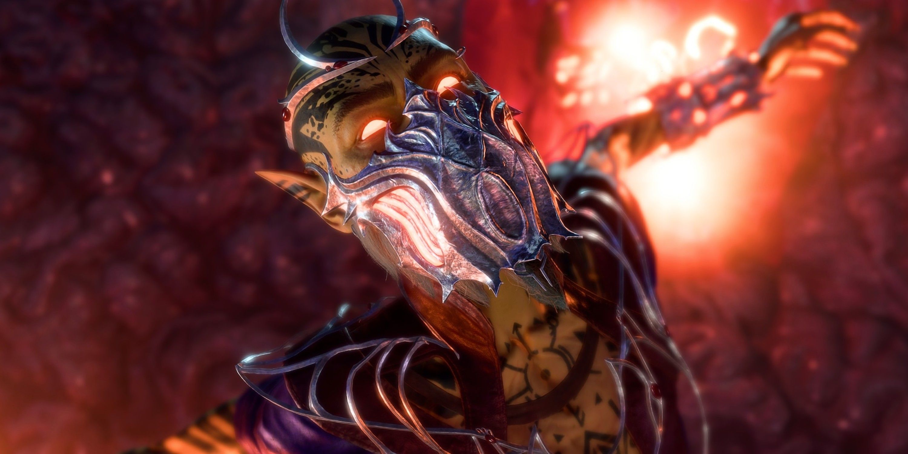Baldur's Gate 3 screenshot of a masked character reaching back on a red background