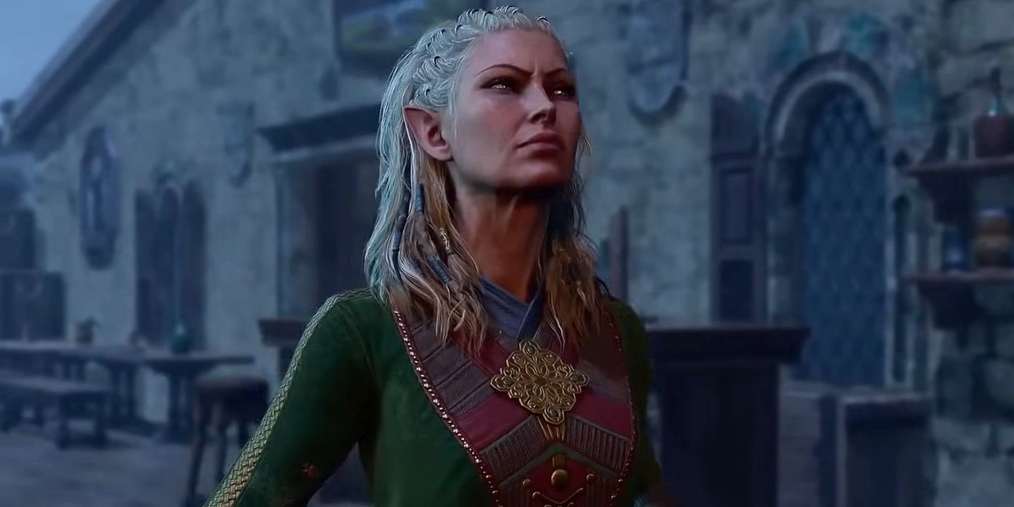 Baldur's Gate 3 Screenshot of Jaheira on Last Light Inn's Balcony Watching The Shadow Curse Be Lifted