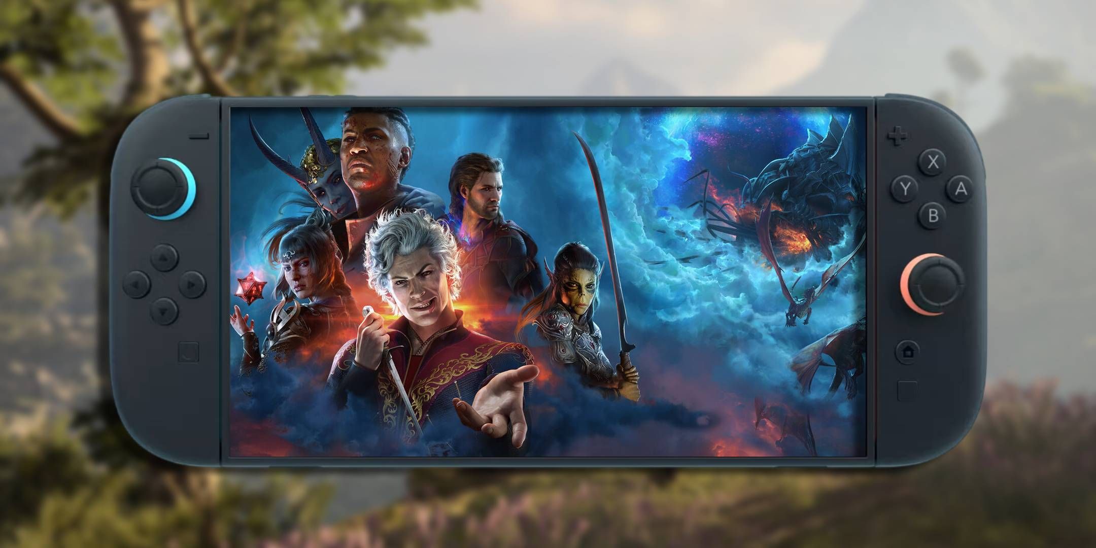 Baldur's Gate 3's key art inside of a Nintendo Switch 2.