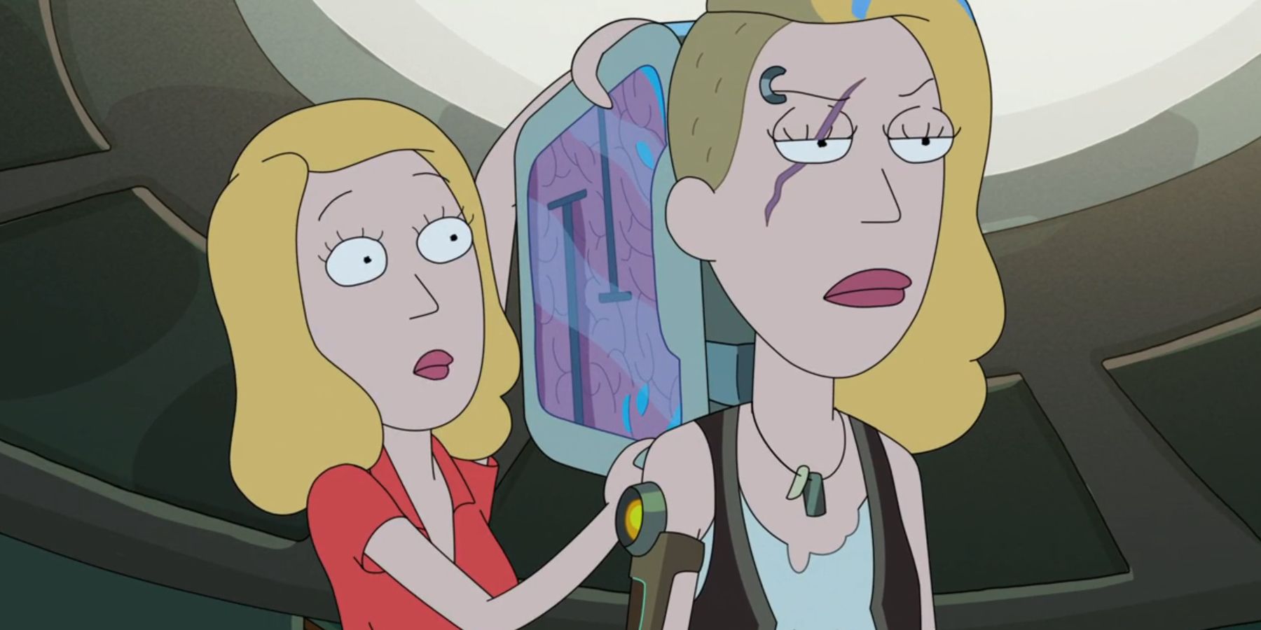 Beth hitting Space Beth in the head with an object in Rick and Morty season 8, episode 10