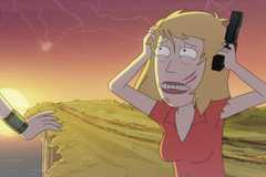 Beth holding a gun and tearing up while looking messy in Rick and Morty season 8, episode 10