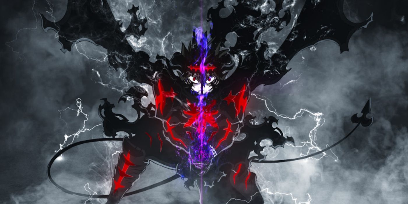 Black Clover's Asta in his anti-magic form, glowing red and black, holding a sword.