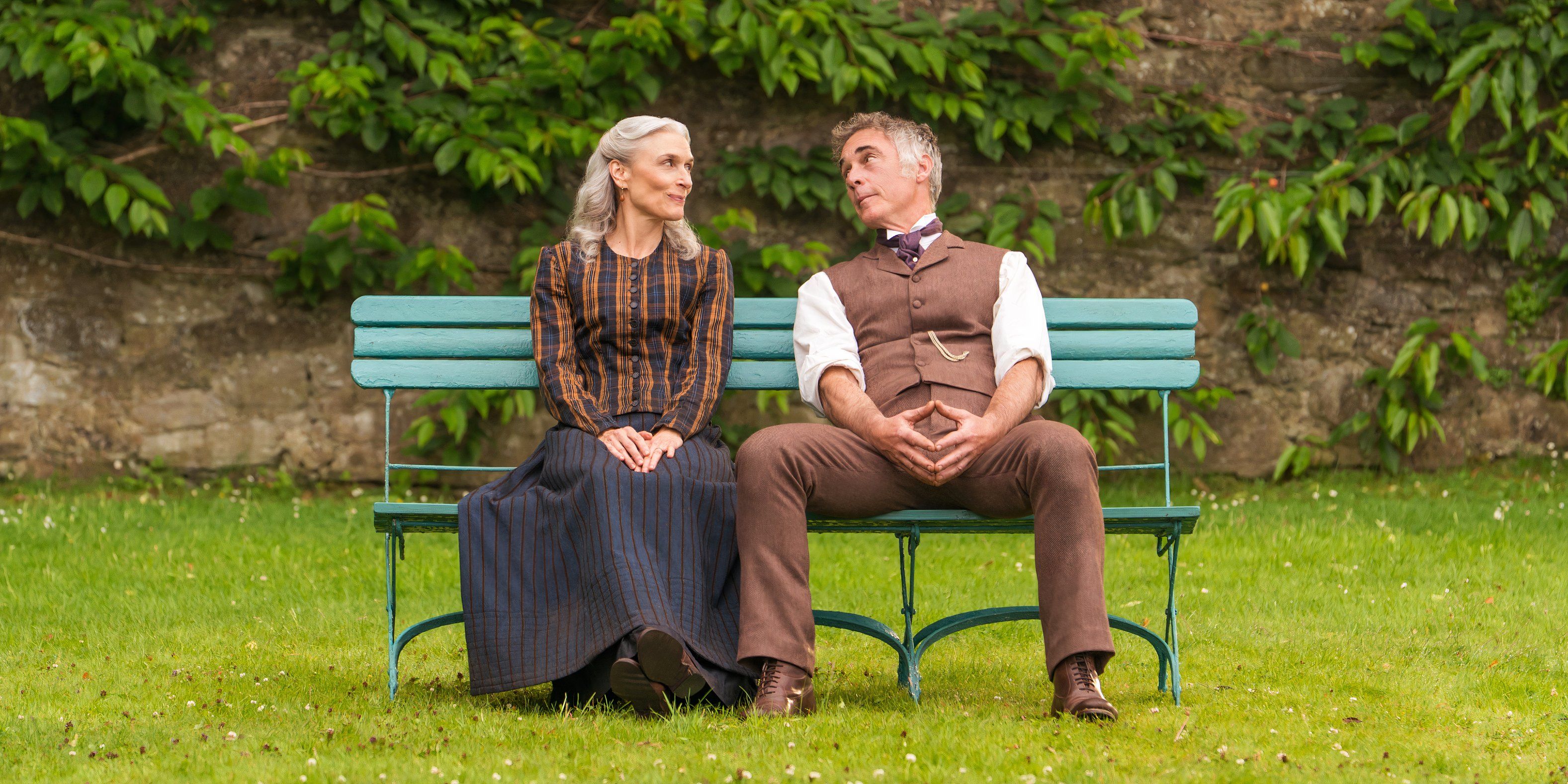 Blanche and Reede talking on a bench in The Buccaneers season 2 episode 4
