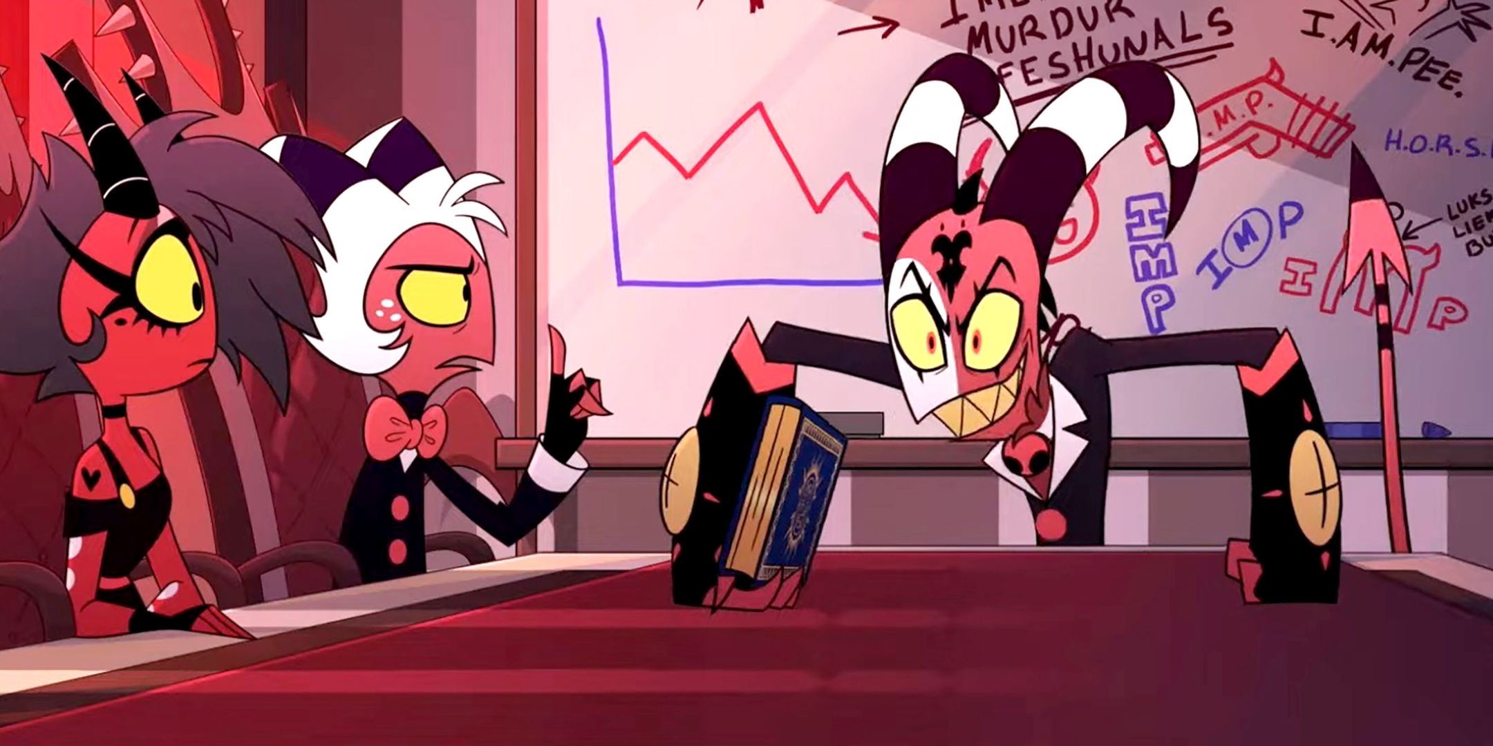 Blitzo looking excited in the boardroom in Helluva Boss