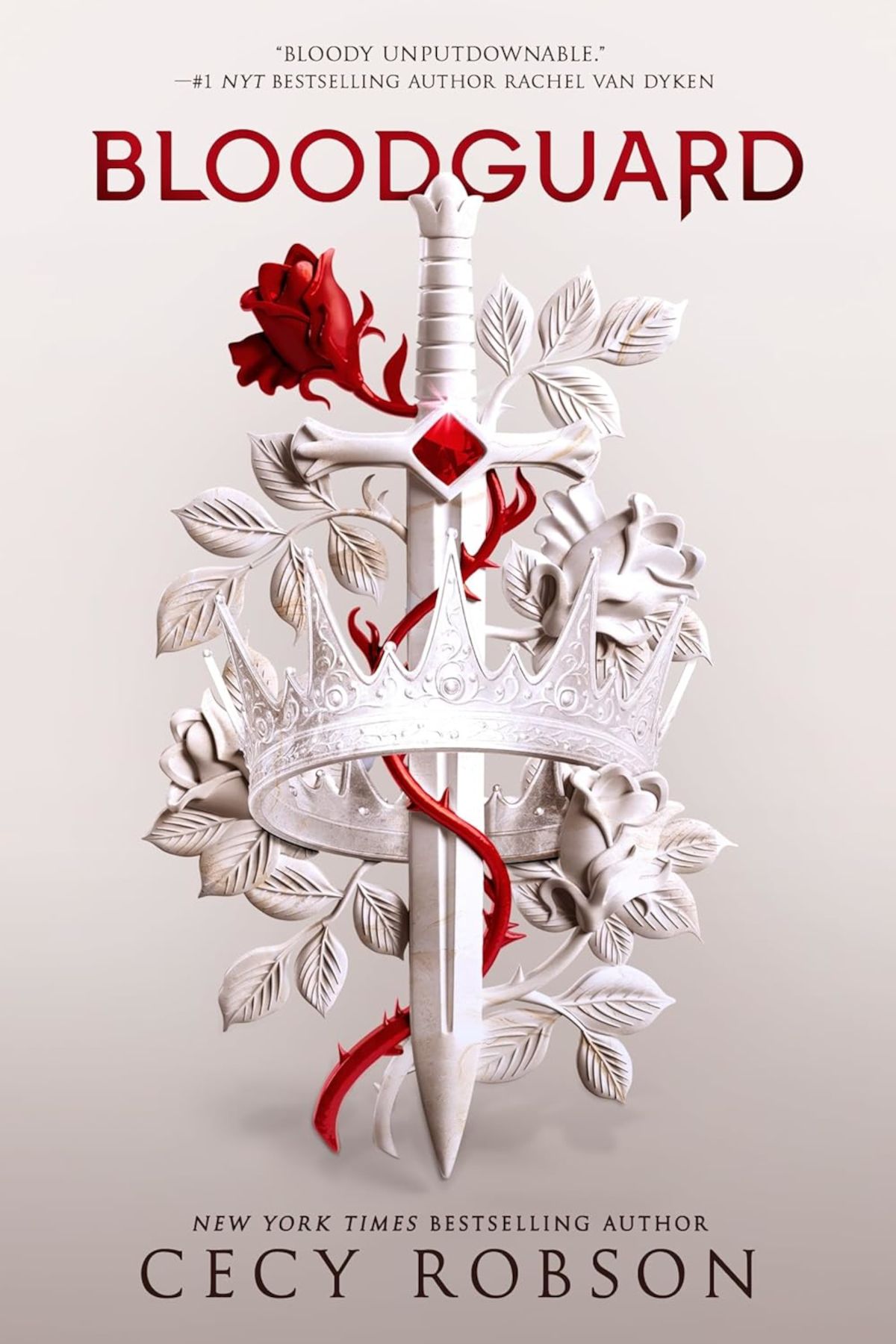 Bloodguard Cover featuring a white sword with a red rose wrapped around it and a white background