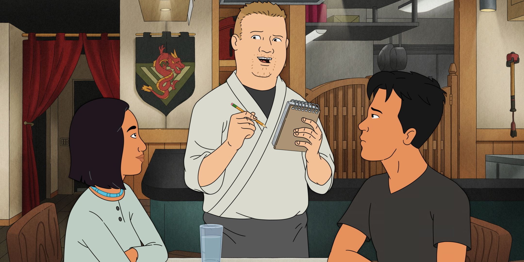Bobby looking intrigued while taking Connie and Chane's order in King of the Hill season 14