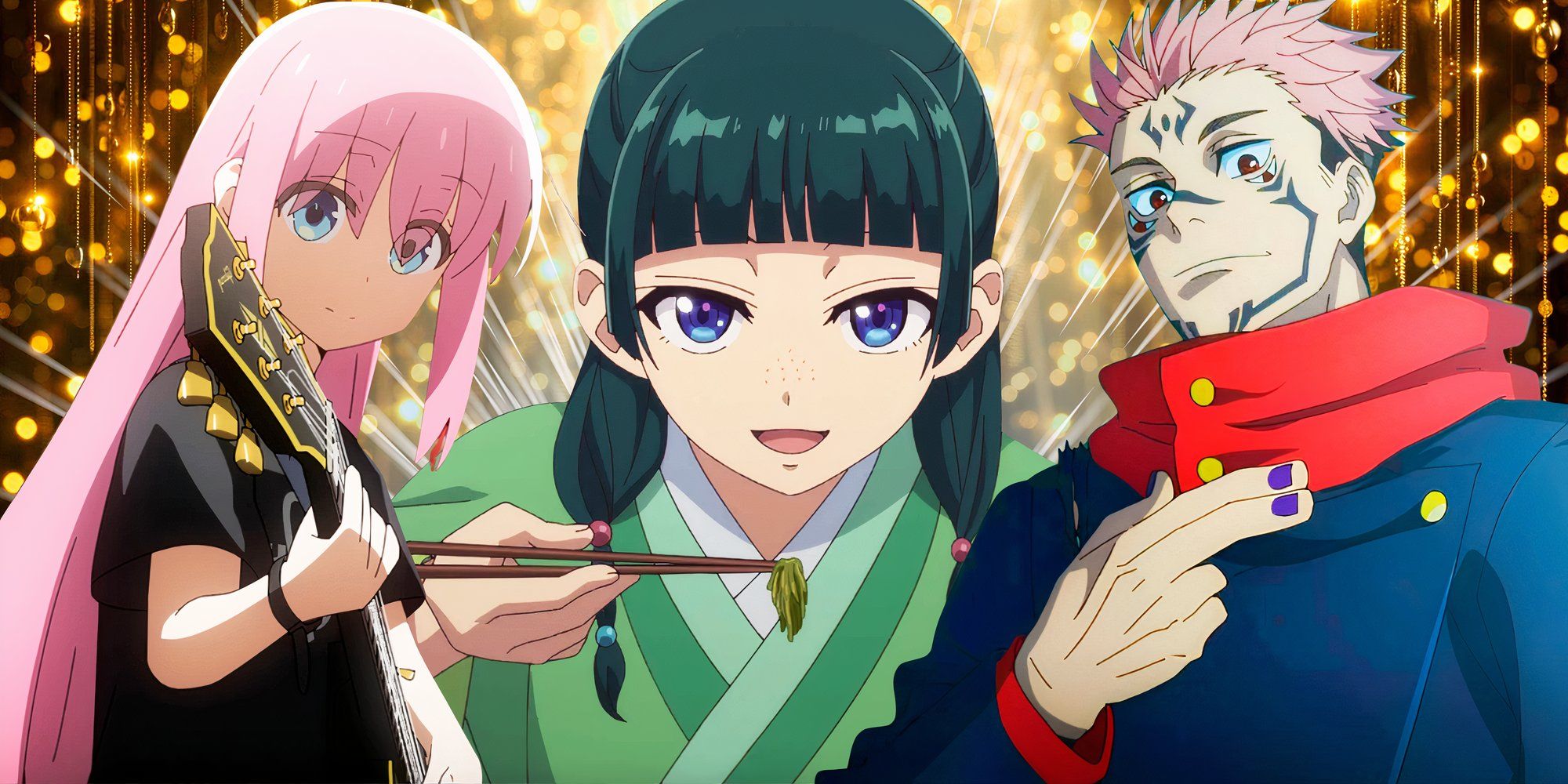 Collage image of Bocchi, Maomao, and Sukuna representing the best anime of the 2020s so far.