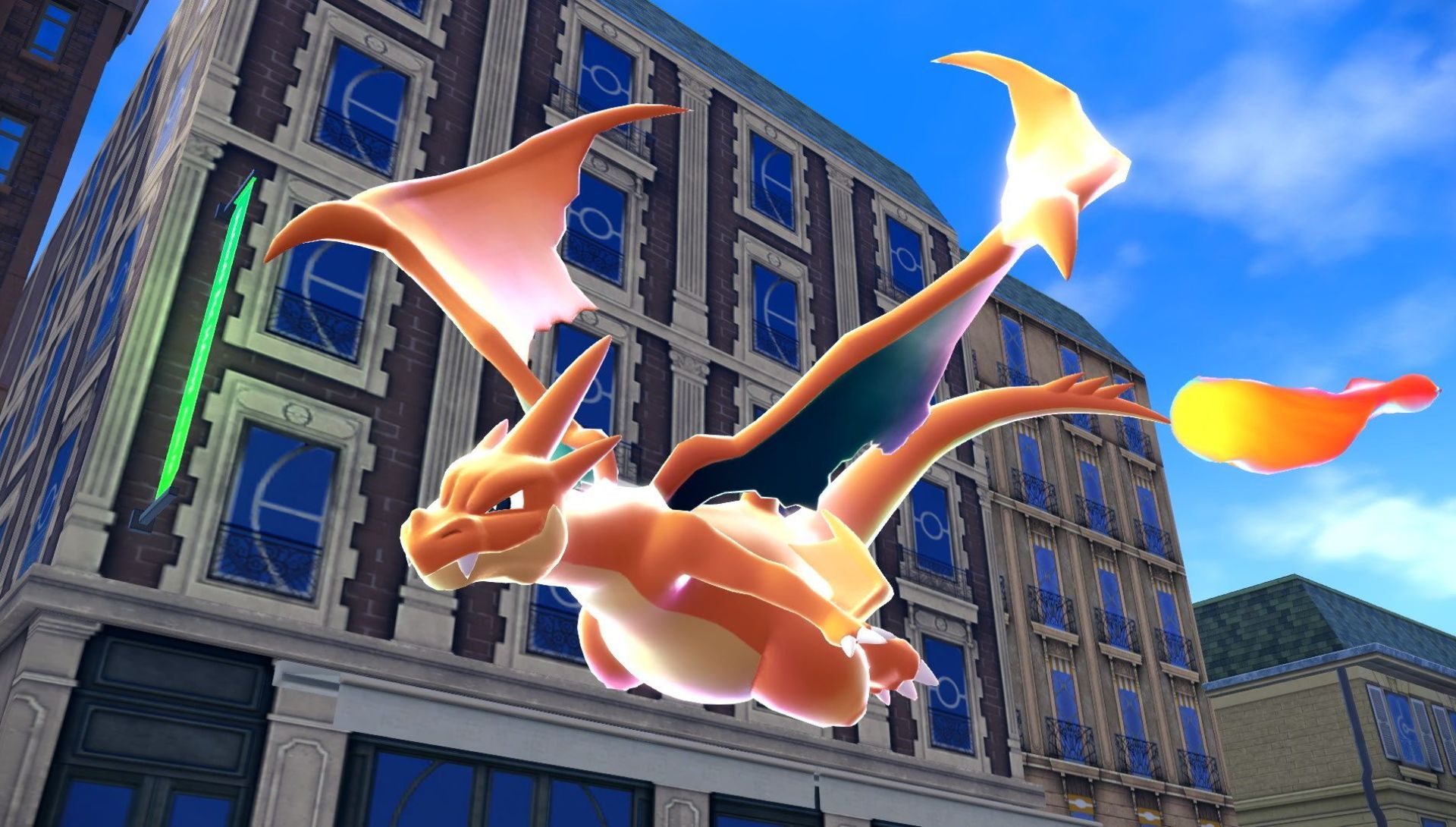 Charizard Y flying through a city in Pokemon Legends Z-A