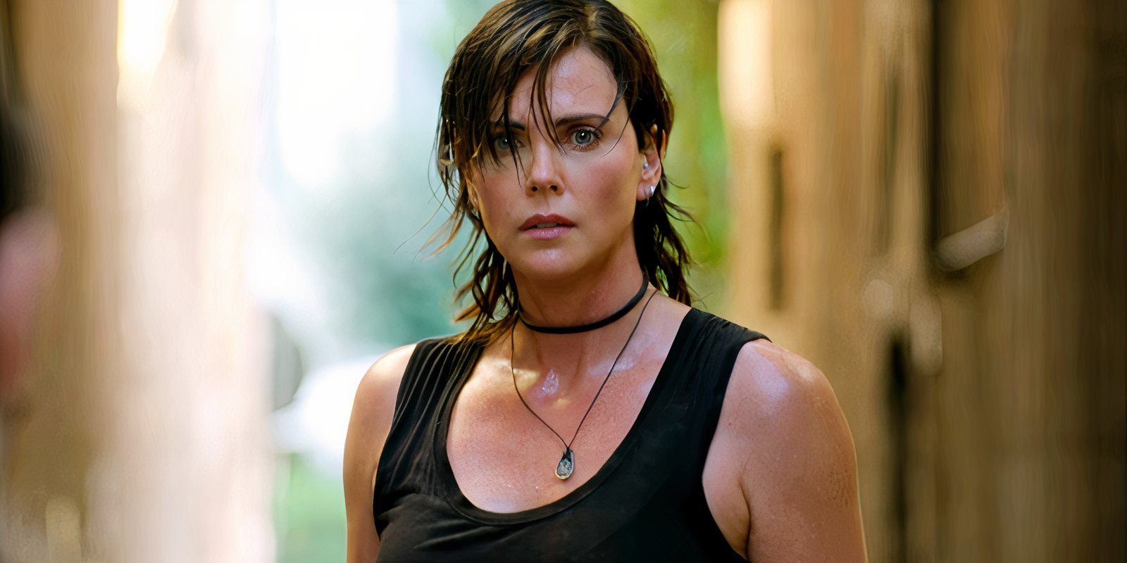 Charlize Theron as Andy looking shocked in Old Guard 2