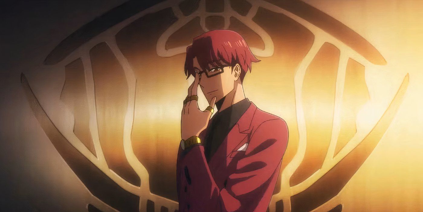choi jong in standing against the logo of the hunters guild smiling as he adjusts his glasses in solo leveling