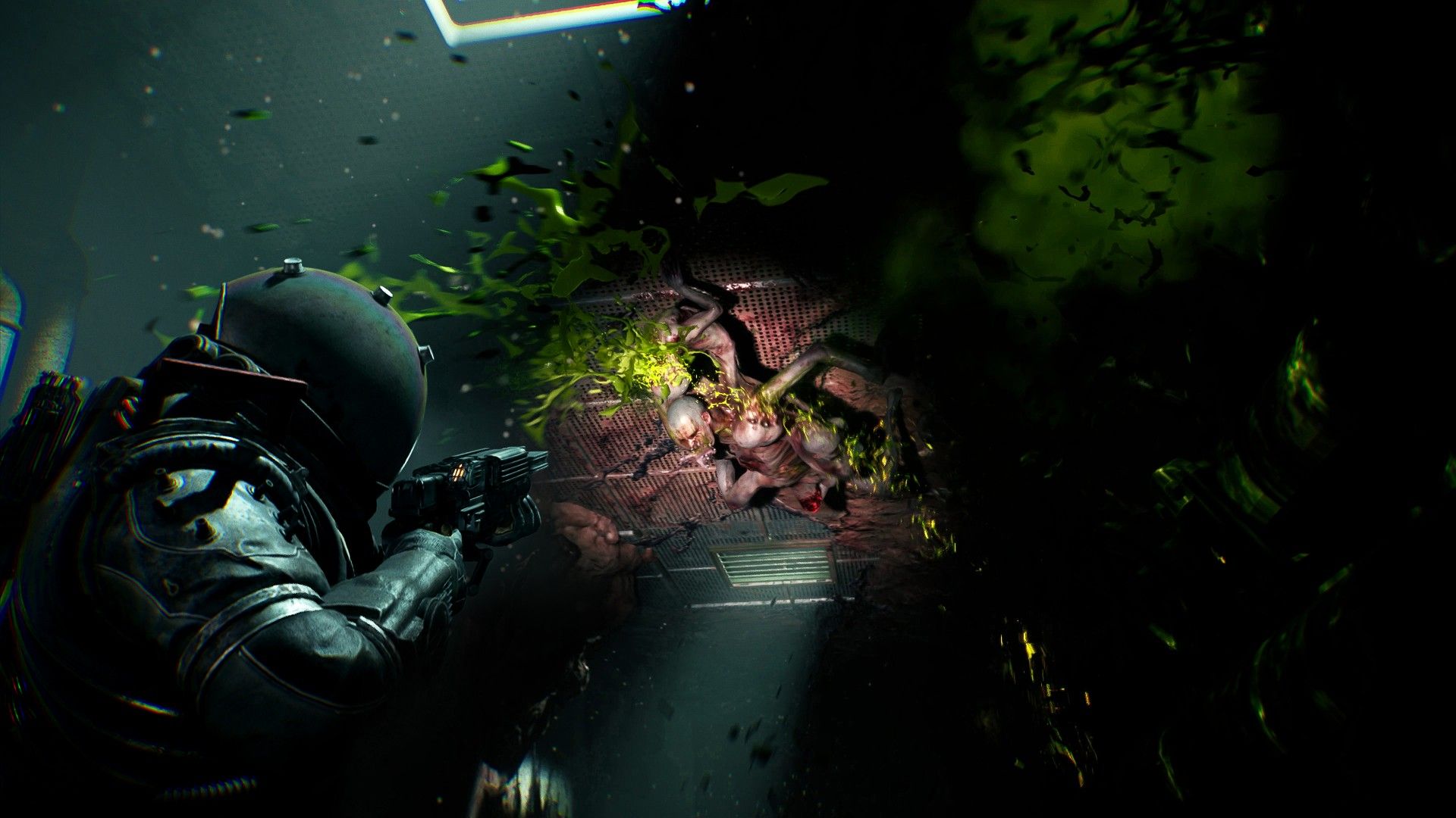 Cronos combat showing an enemy on the ceiling spurting green goo.