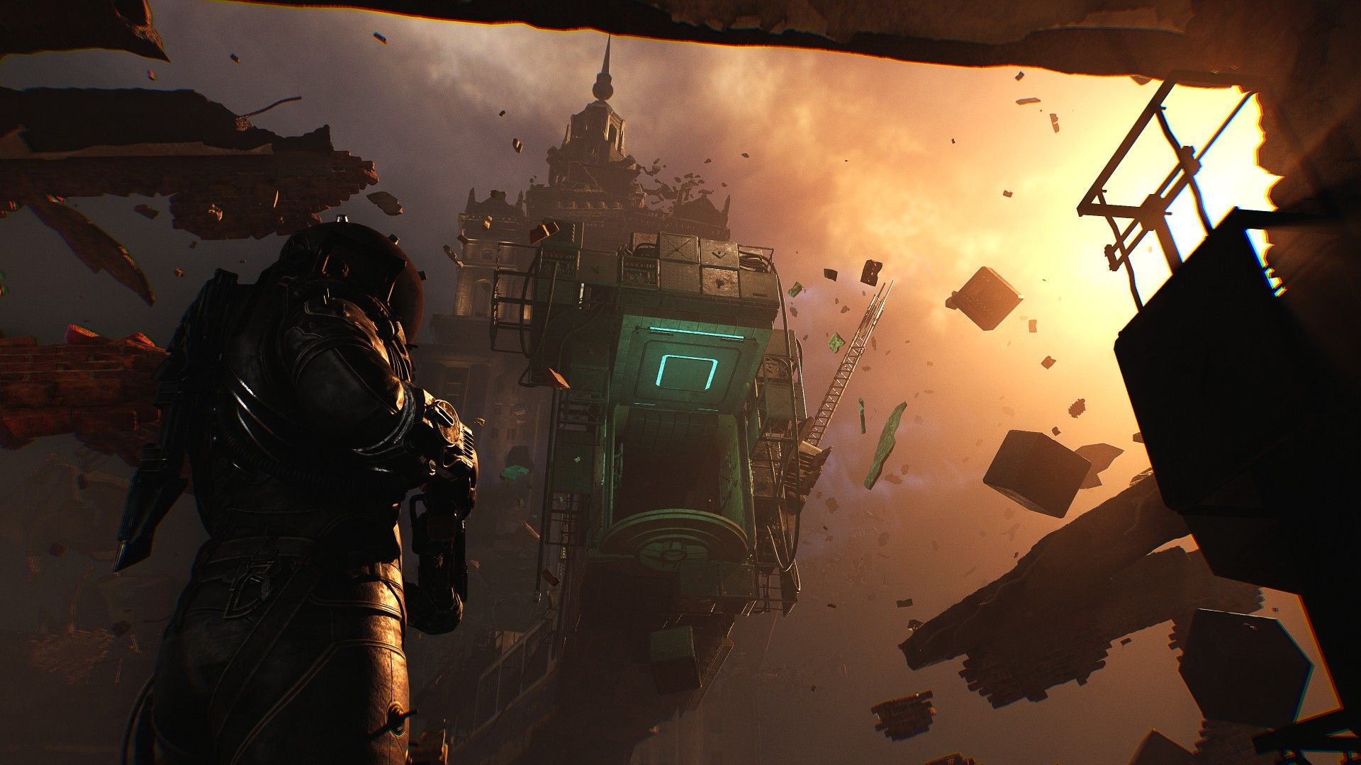 Cronos protagonist standing in front of what looks like some kind of space station, with debris floating in the air.
