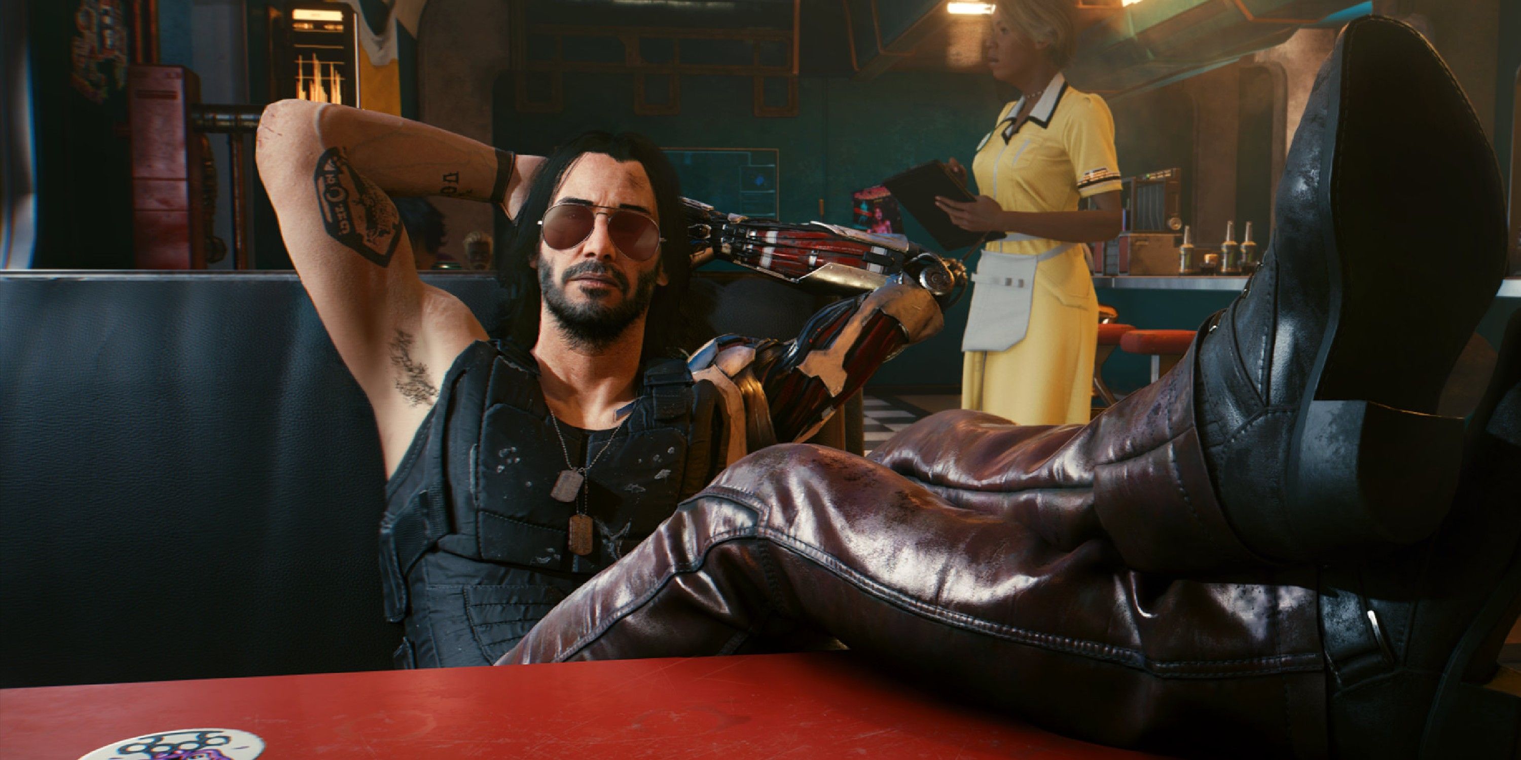 Cyberpunk 2077 Johnny Silverhand sitting with his feet up on the table at a diner