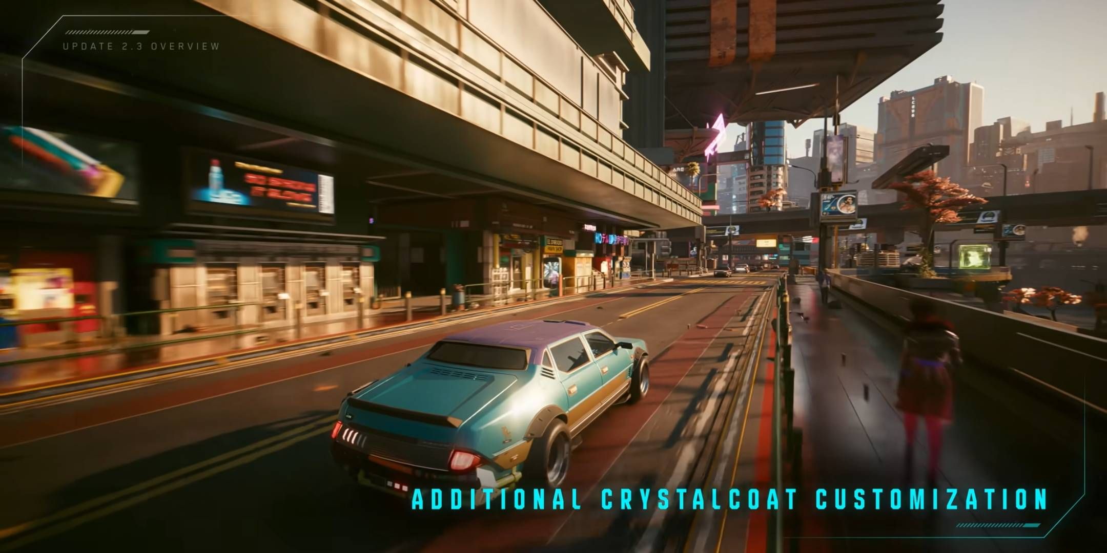 Um carro dirigindo em uma estrada em Cyberpunk 2077