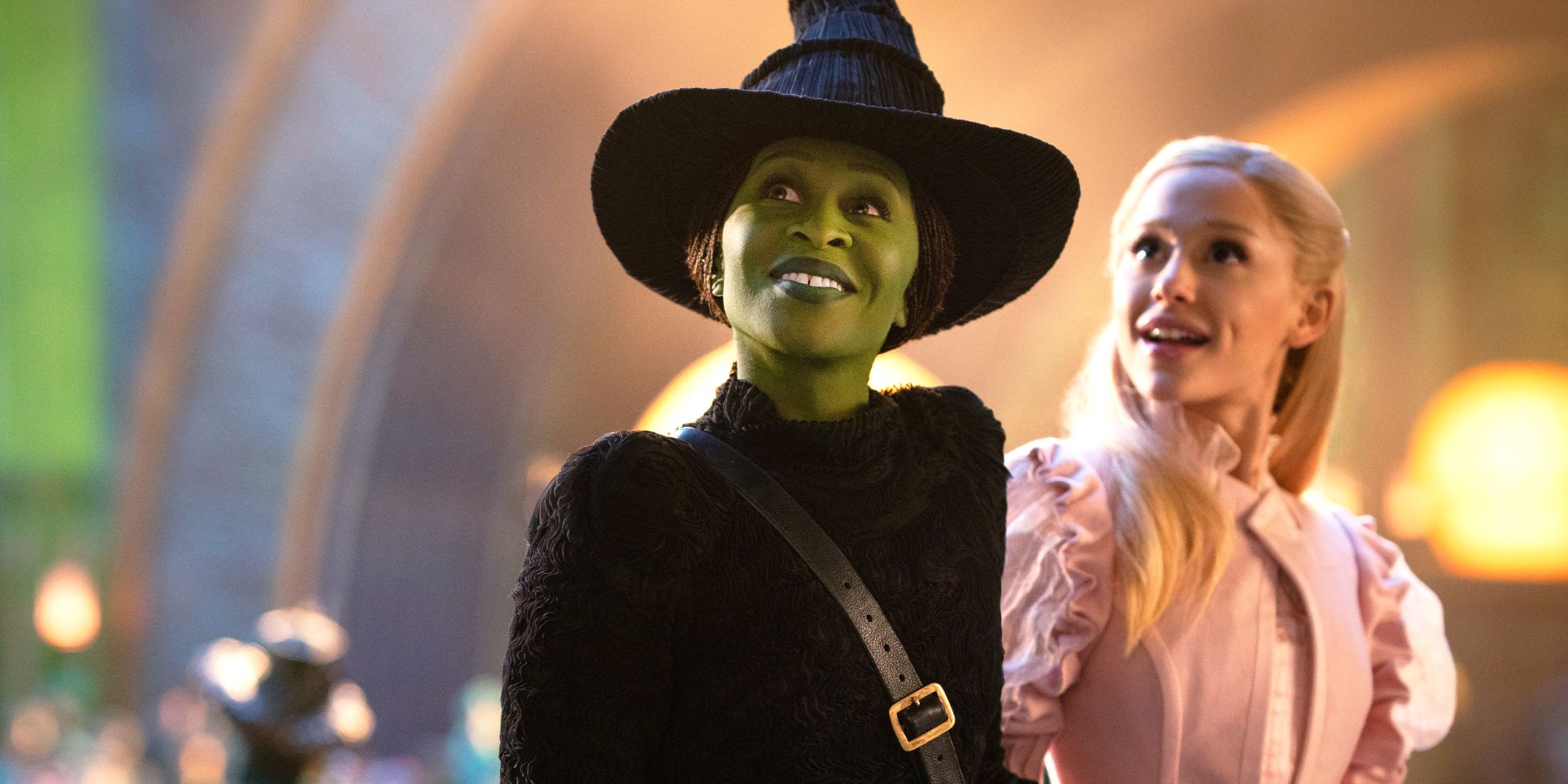 Cynthia Erivo as Elphaba and Ariana Grande as Glinda in Wicked Movie