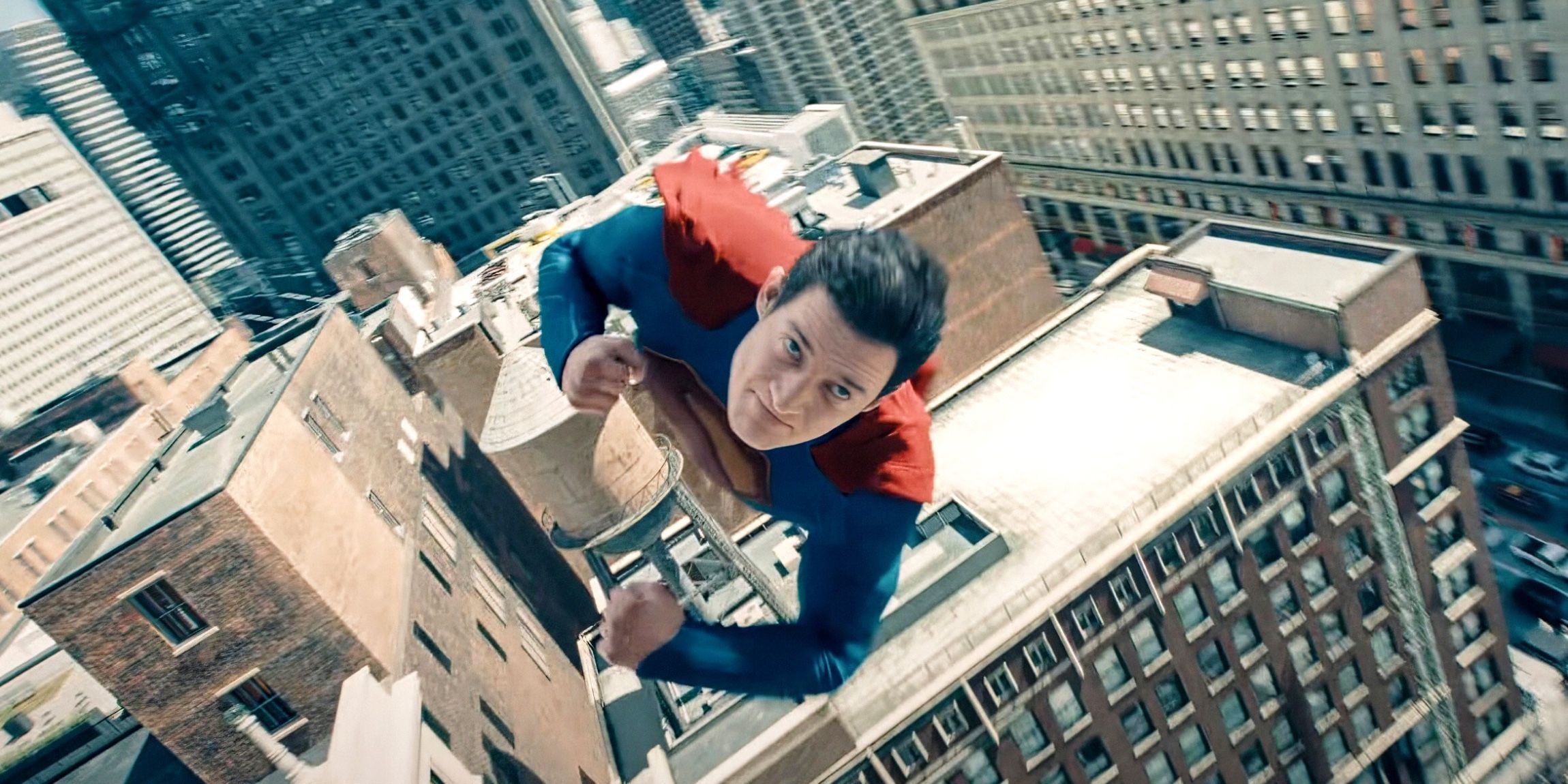 David Corenswet As Superman Flying Above Metropolis