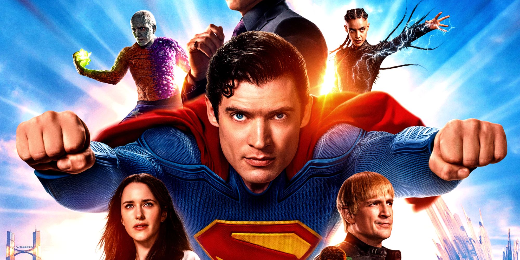 David Corenswet's Kal El flies in front of the Superman cast in official poster