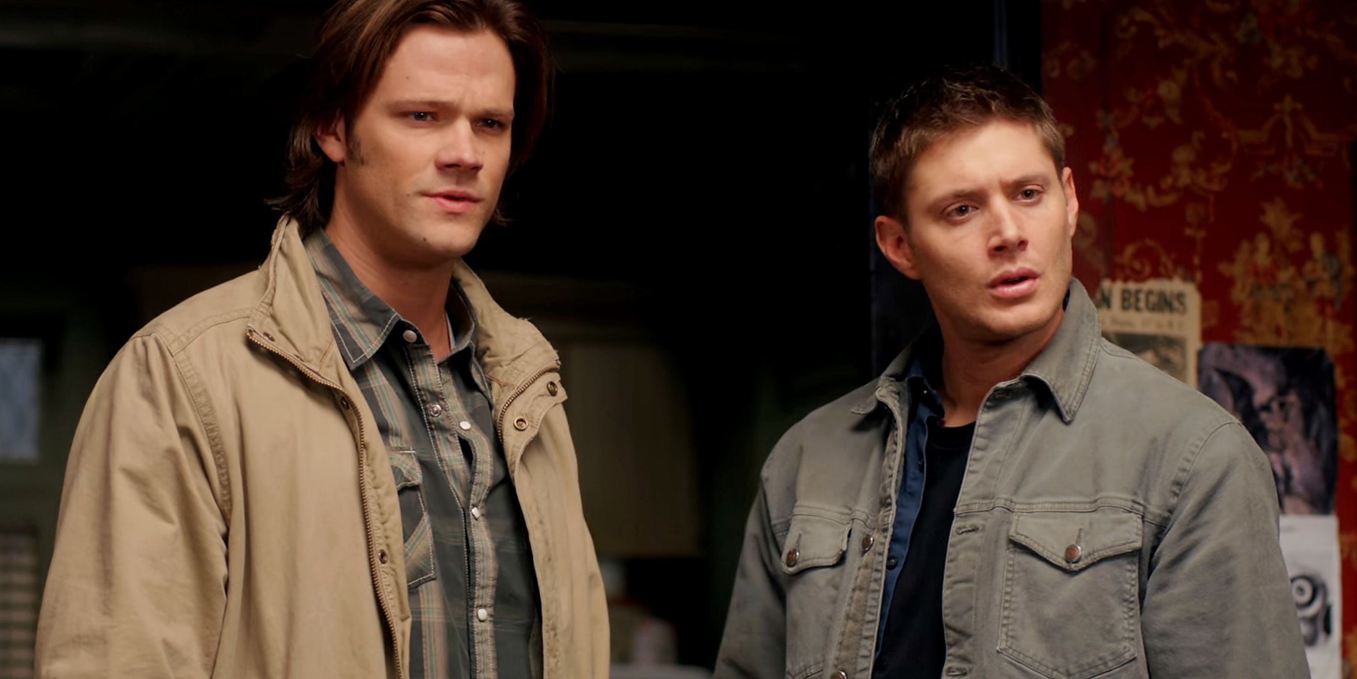 Jared Padalecki as Sam Winchester and Jensen Ackles as Dean Winchester standing next to each other in the Supernatural episode The French Mistake