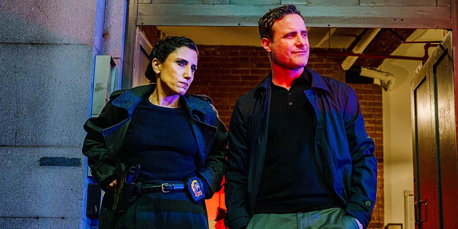 Detectives Wallace and Olivia with police siren lights flashing on them in Dexter Resurrection